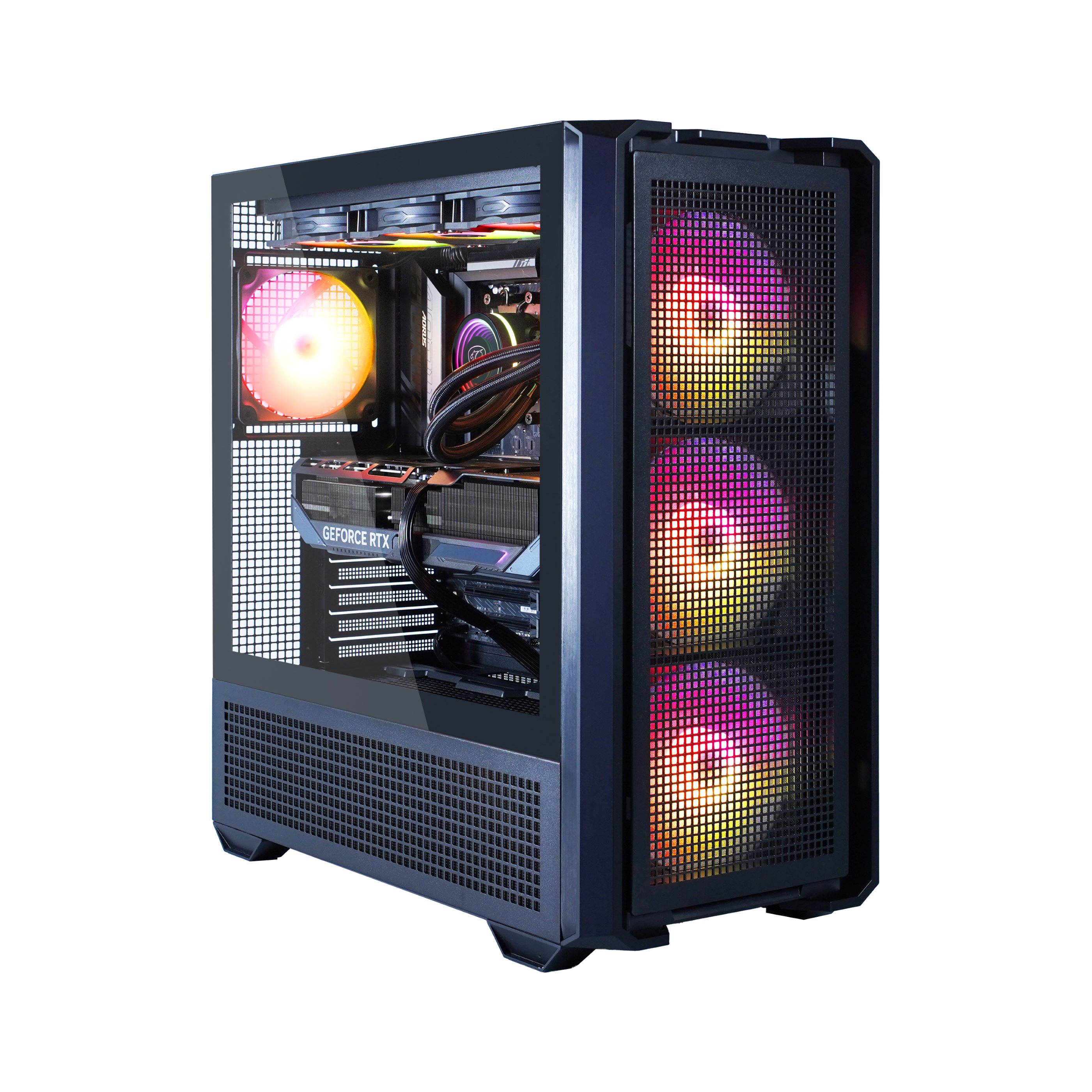 Schwarzer Computer-Tower mit verschiedenen Lichtern und internen Komponenten, die durch eine Mesh-Front sichtbar sind.