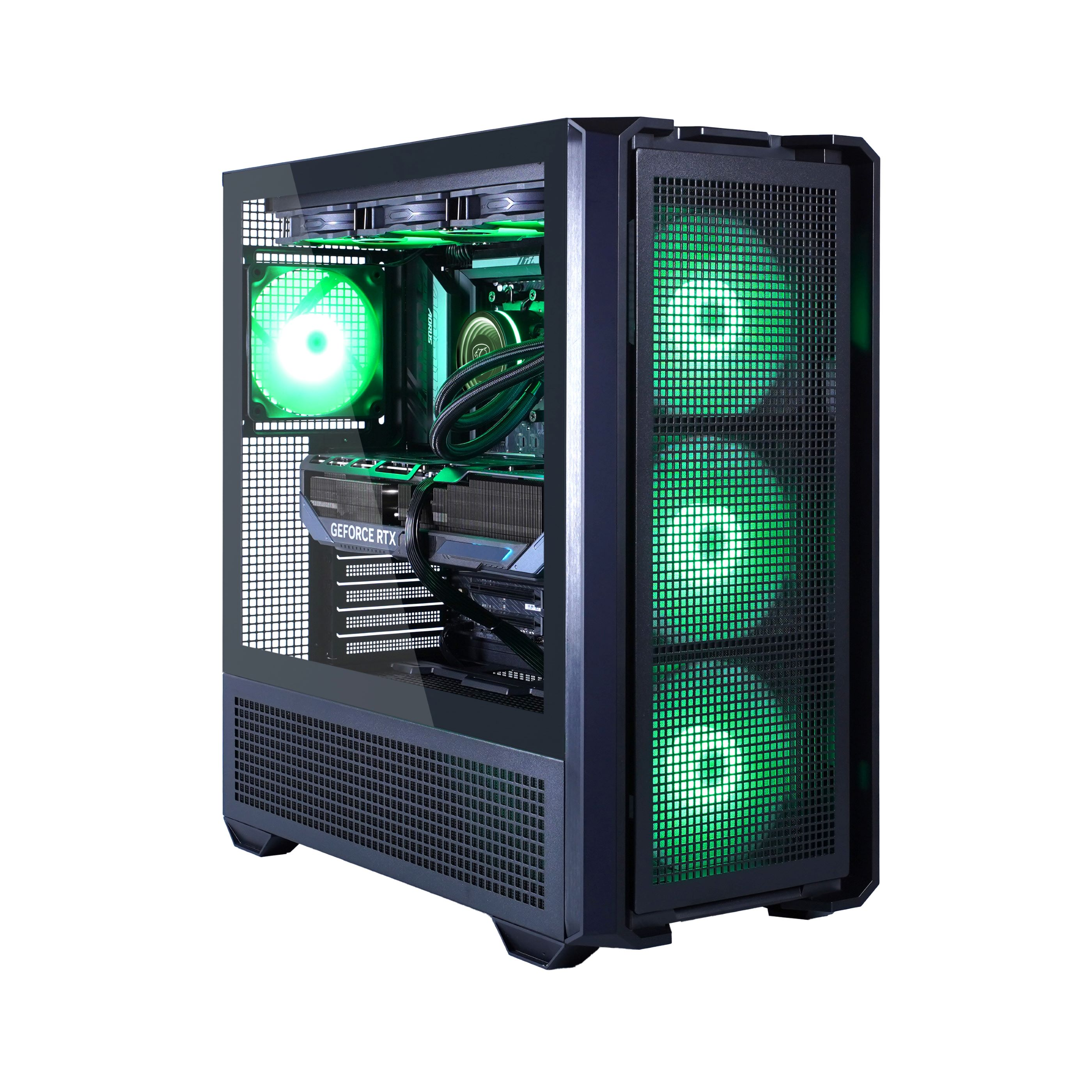Inneres eines Computers mit grünen Lichtern, GPU, Lüftern und anderen Komponenten.