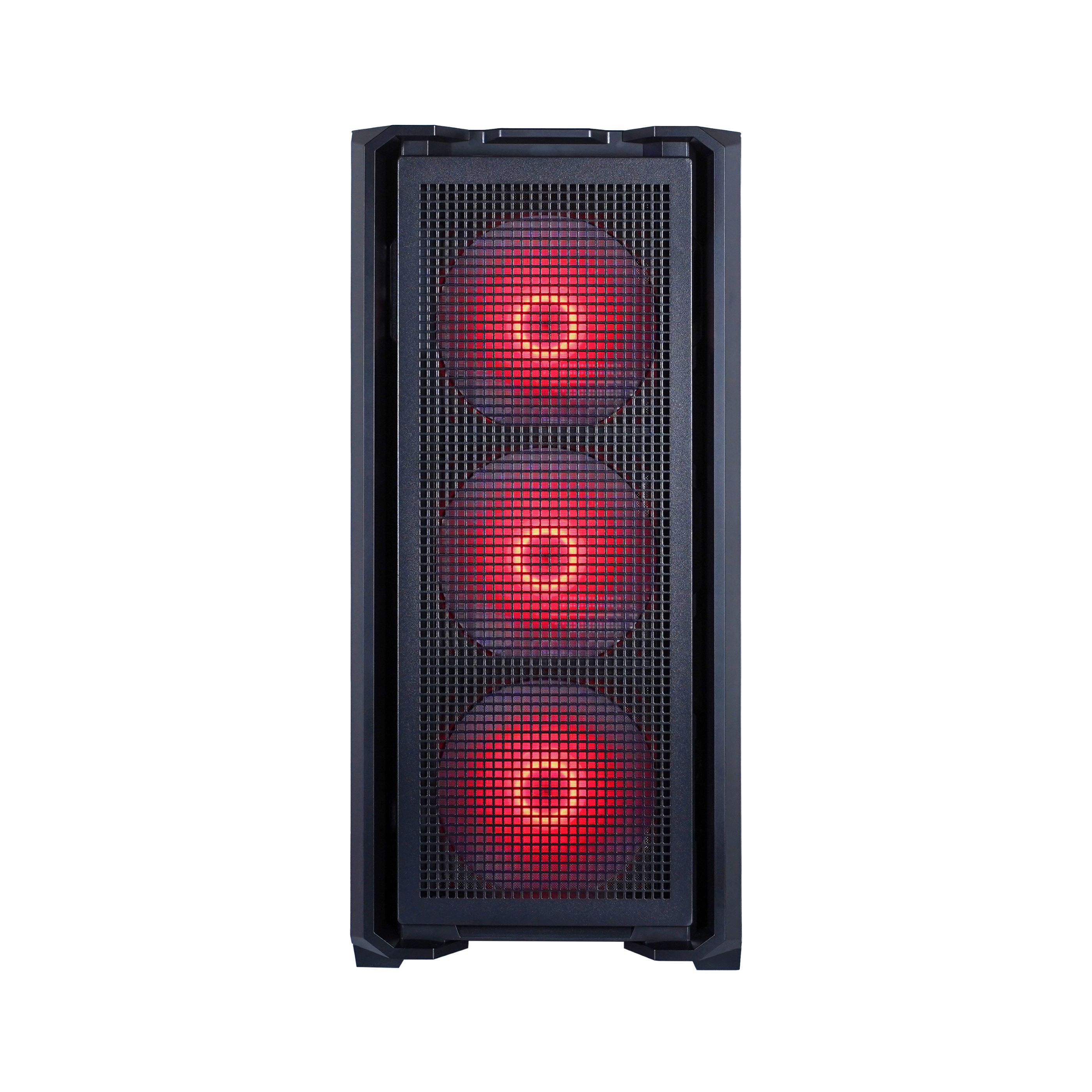 Schwarzes Computergehäuse mit drei rot leuchtenden Lüftern hinter einem Mesh-Front.