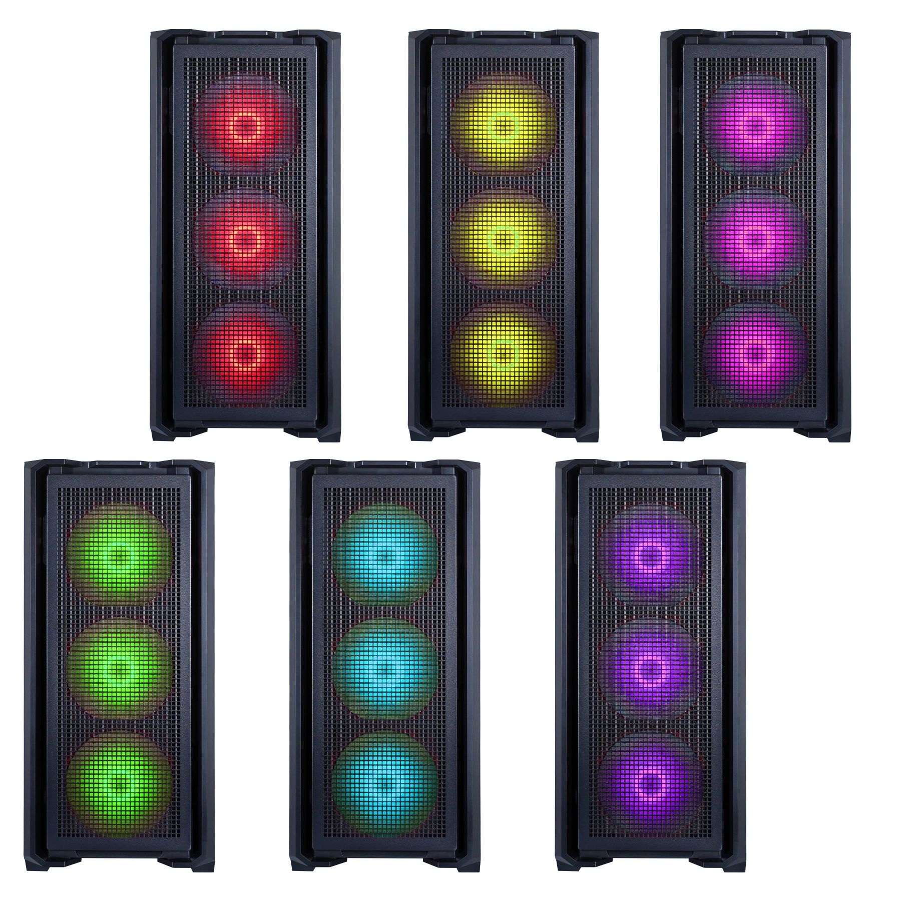 Computergehäuse-Lüfter mit verschiedenfarbigen Lichtern in Gitteranordnung.