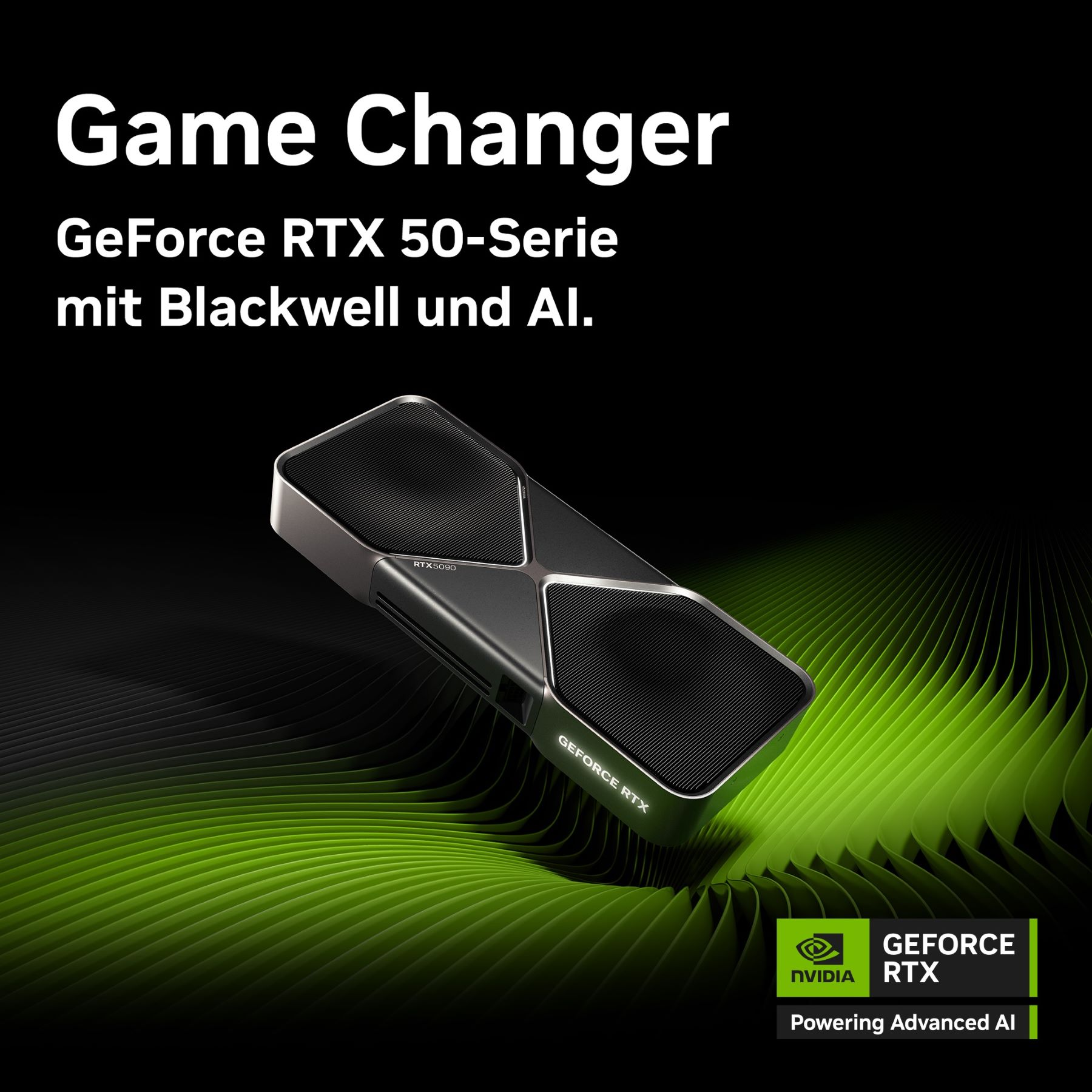 Schwarze Grafikkarte auf grünem Hintergrund mit Text: Game Changer, NVIDIA GeForce RTX.