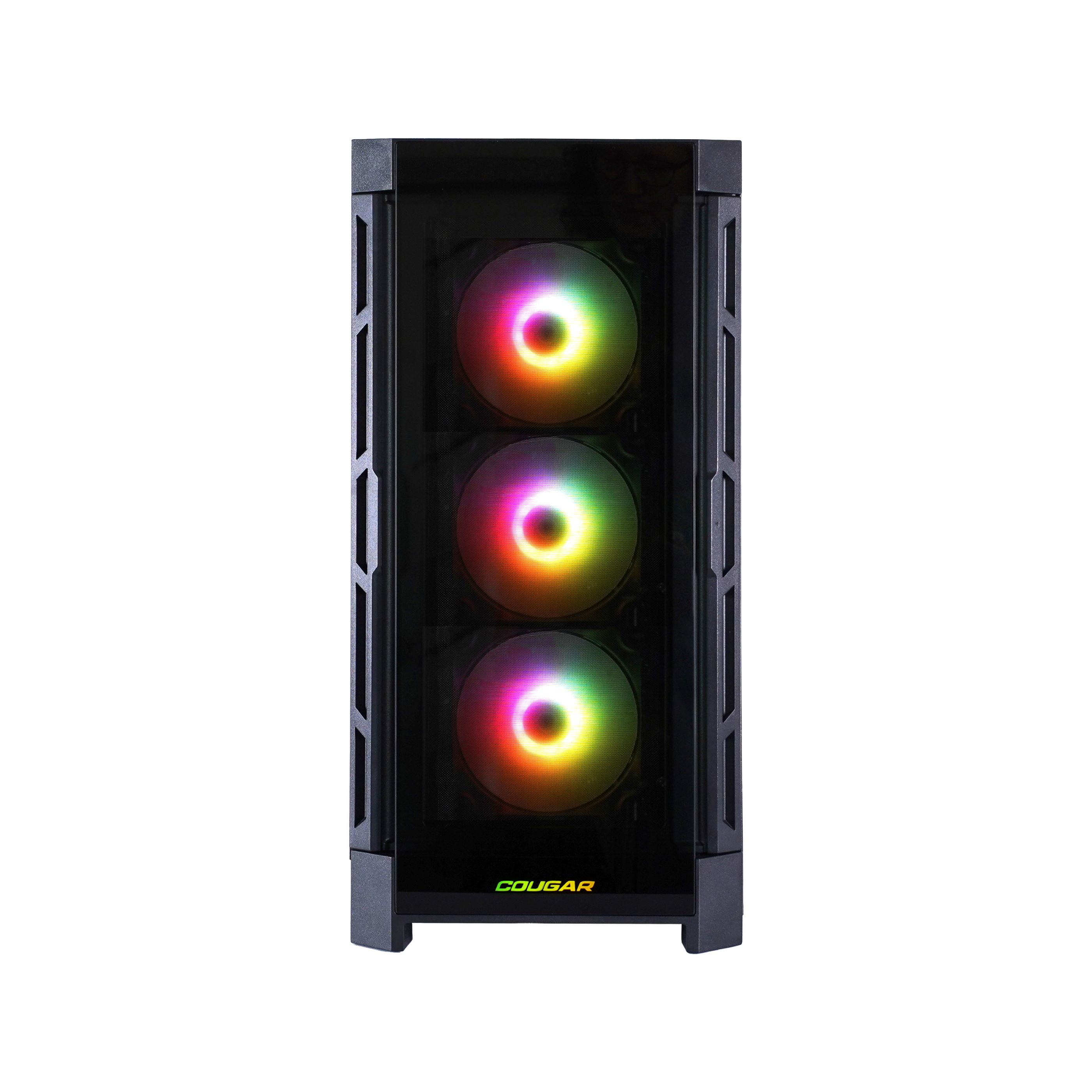 Ein schwarzes Computergehäuse mit drei bunten Lüftern, die durch eine Glasscheibe sichtbar sind.