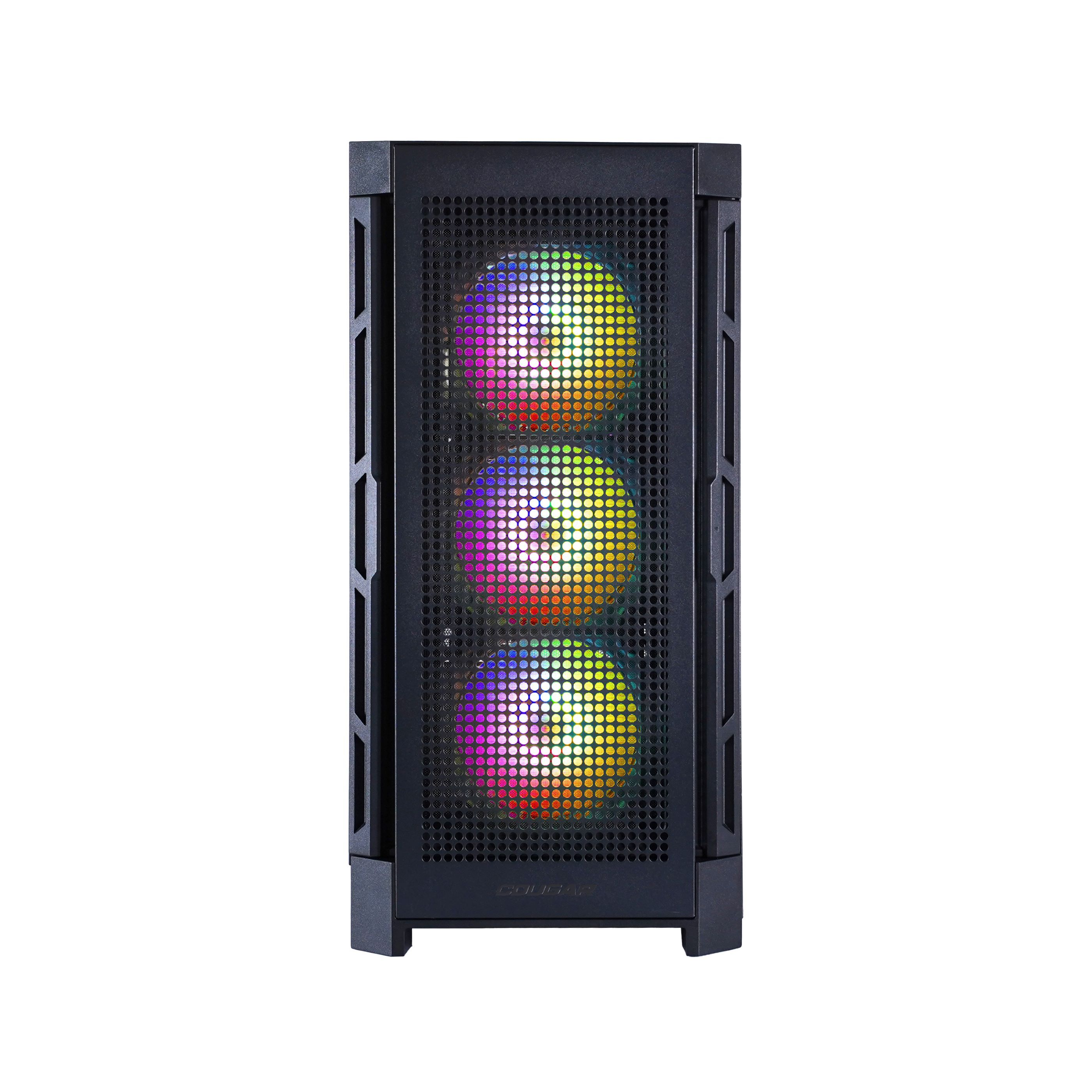 Schwarzes Computergehäuse mit drei beleuchteten Lüftern. Die Vorderseite hat ein Mesh-Design.