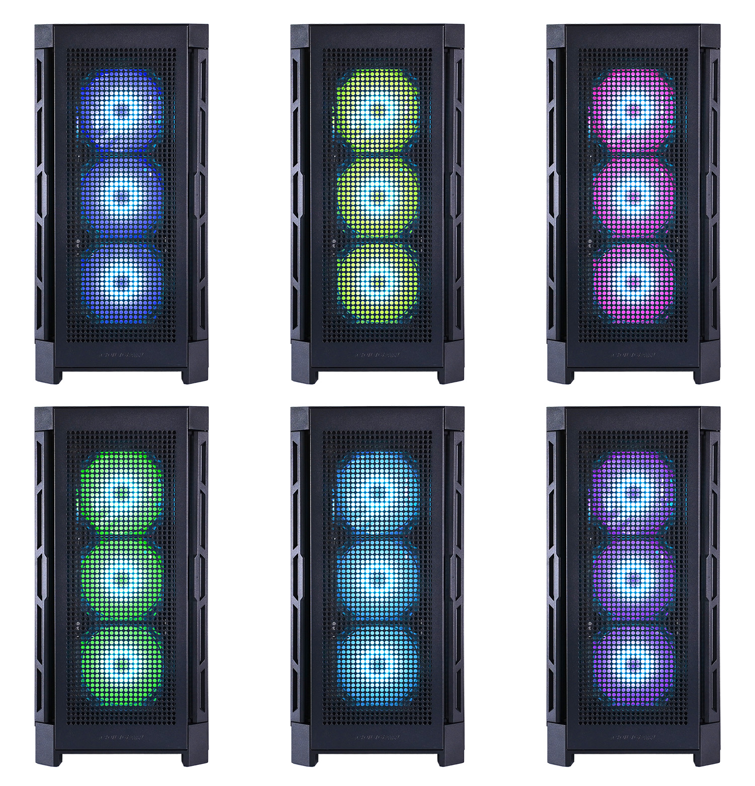 Sechs Computergehäuse mit RGB-Lüftern in verschiedenen Farben, auf weißem Hintergrund.