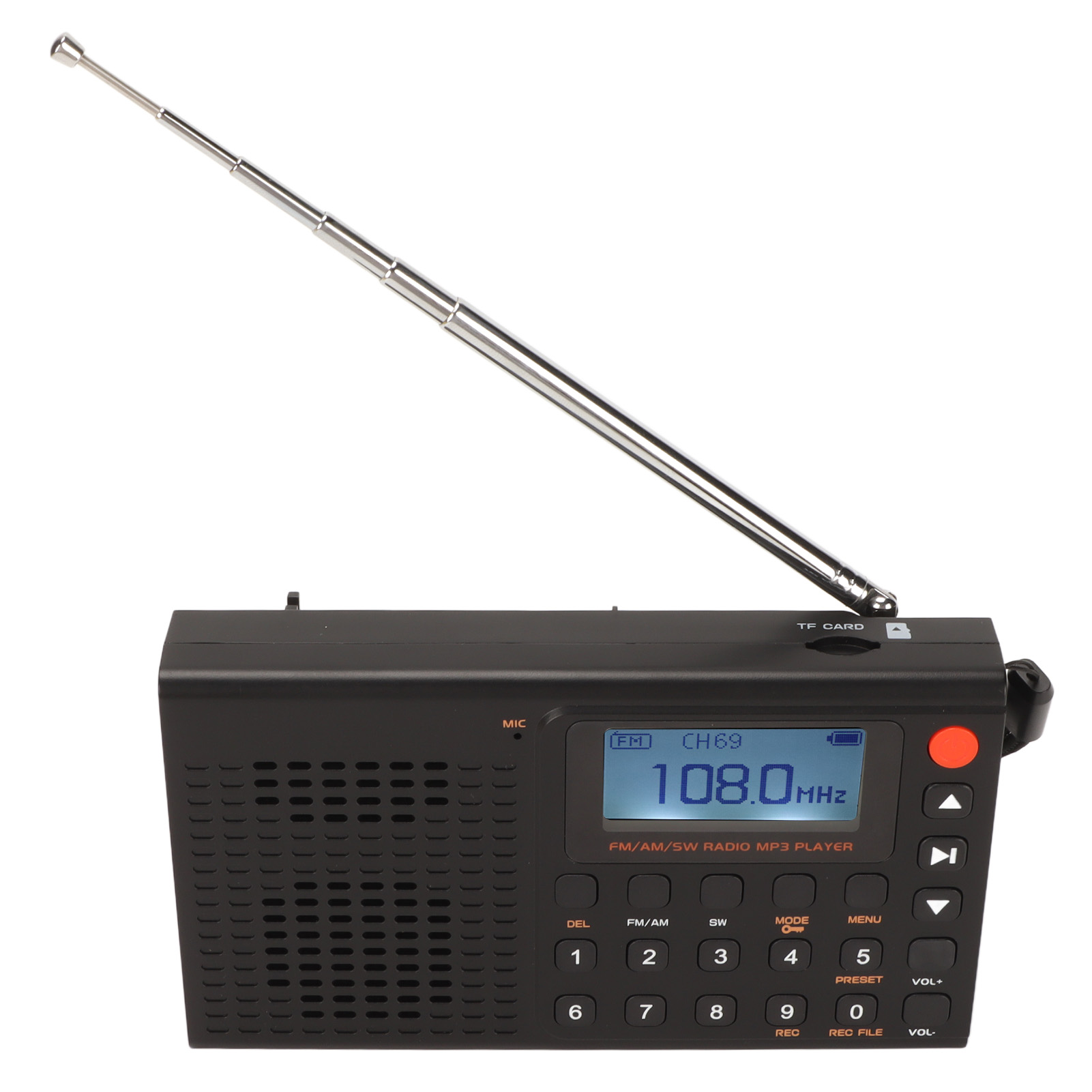 Schwarzes Radio mit Antenne, Digitalanzeige und mehreren Bedienelementen.
