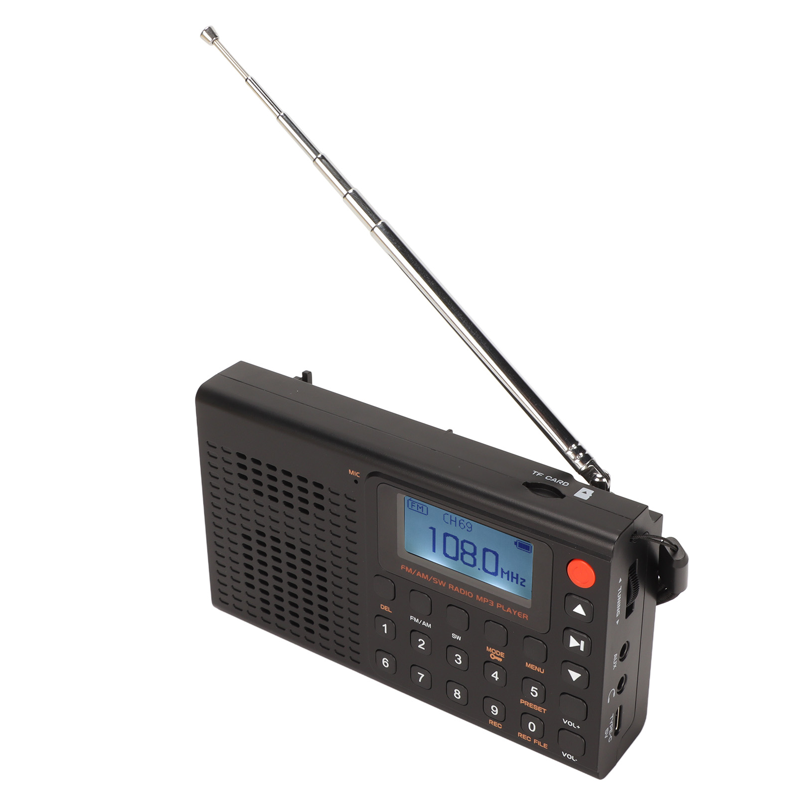 Schwarzes tragbares Radio mit ausgefahrener Antenne. Zeigt Zahlen, Bildschirm und Knöpfe.