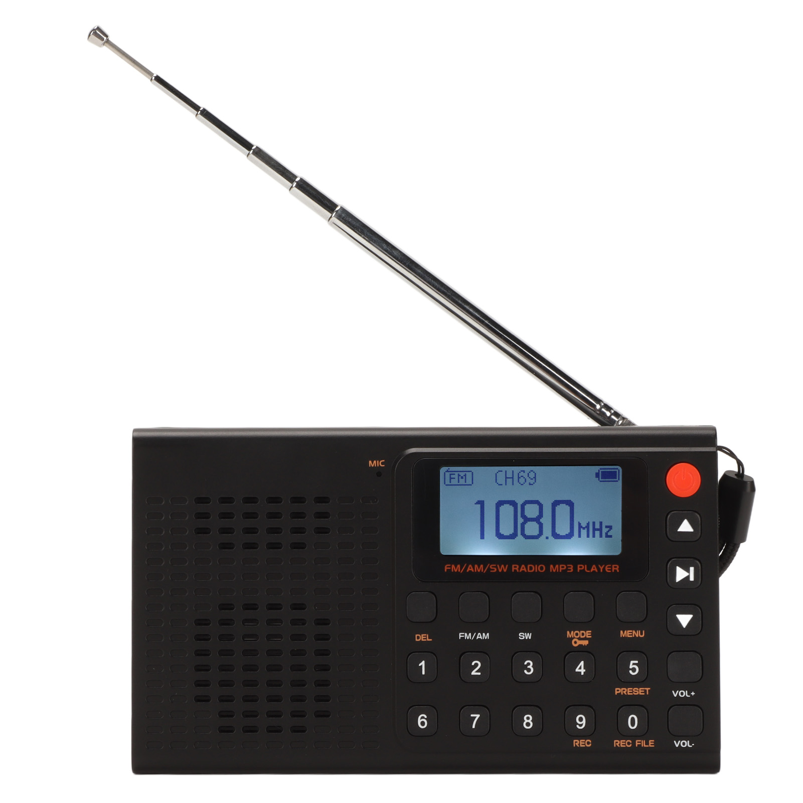Ein schwarzes Radio mit Bildschirm. Die Antenne ist oben. Der Hintergrund ist weiß.