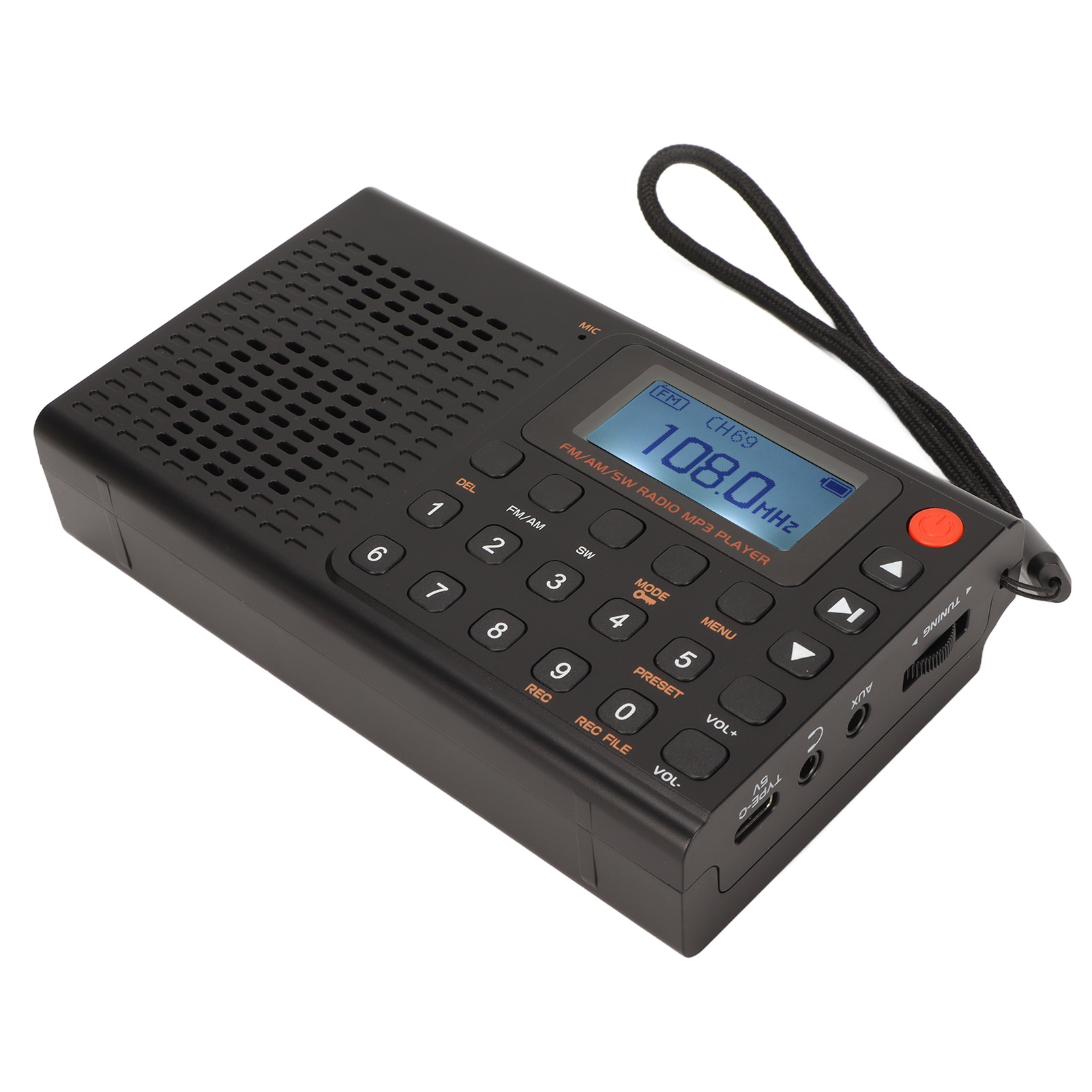 Schwarzes tragbares Radio. Es hat ein digitales Display, das die Frequenz anzeigt. Knöpfe sind vorne.