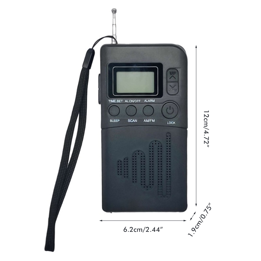 Kleines, schwarzes Radio mit Bildschirm und Tasten für Zeit, Scan, Alarm und Sleep.