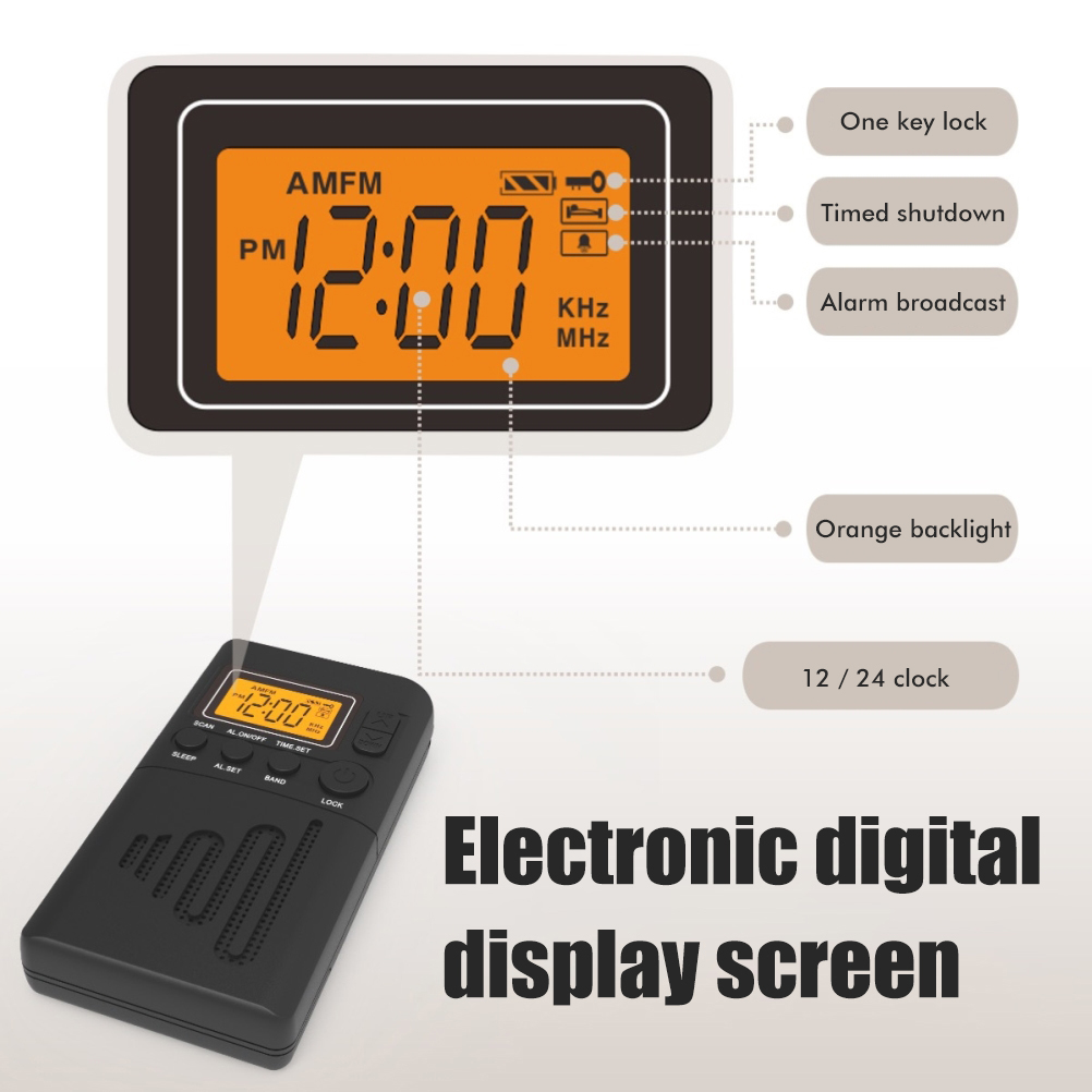 Schwarze Digitaluhr mit oranger Anzeige und beschrifteten Funktionen, mit Fernbedienung.