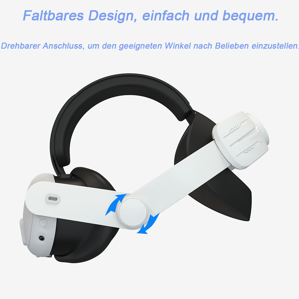 Weißes und schwarzes VR-Headset. Das Headset ist zusammengeklappt und hat ein weißes Band.