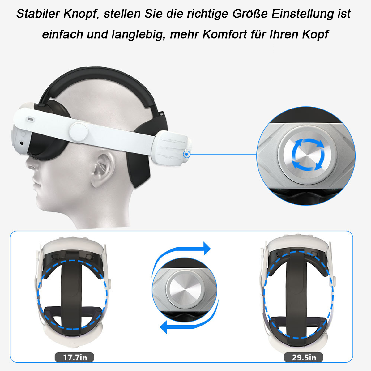 VR-Headset mit Einstellknopf und Diagrammen. Zeigt, wie man das Headset für Komfort einstellt.
