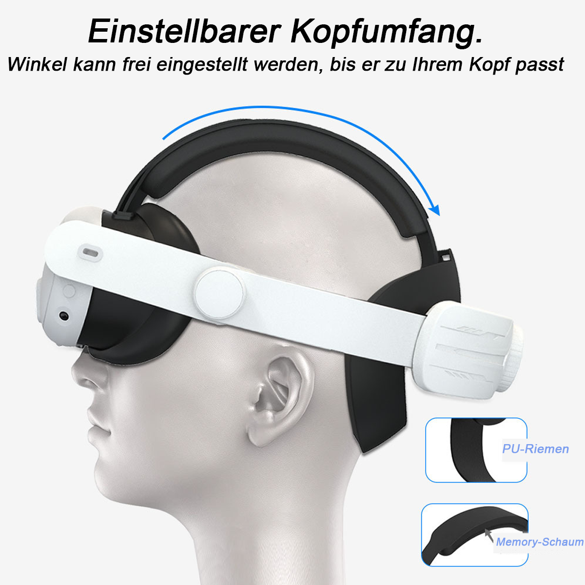 Person trägt VR-Headset. Text: Einstellbarer Kopfumfang. Zeigt Kopfbügelverstellung und PU-Schaum-Details.