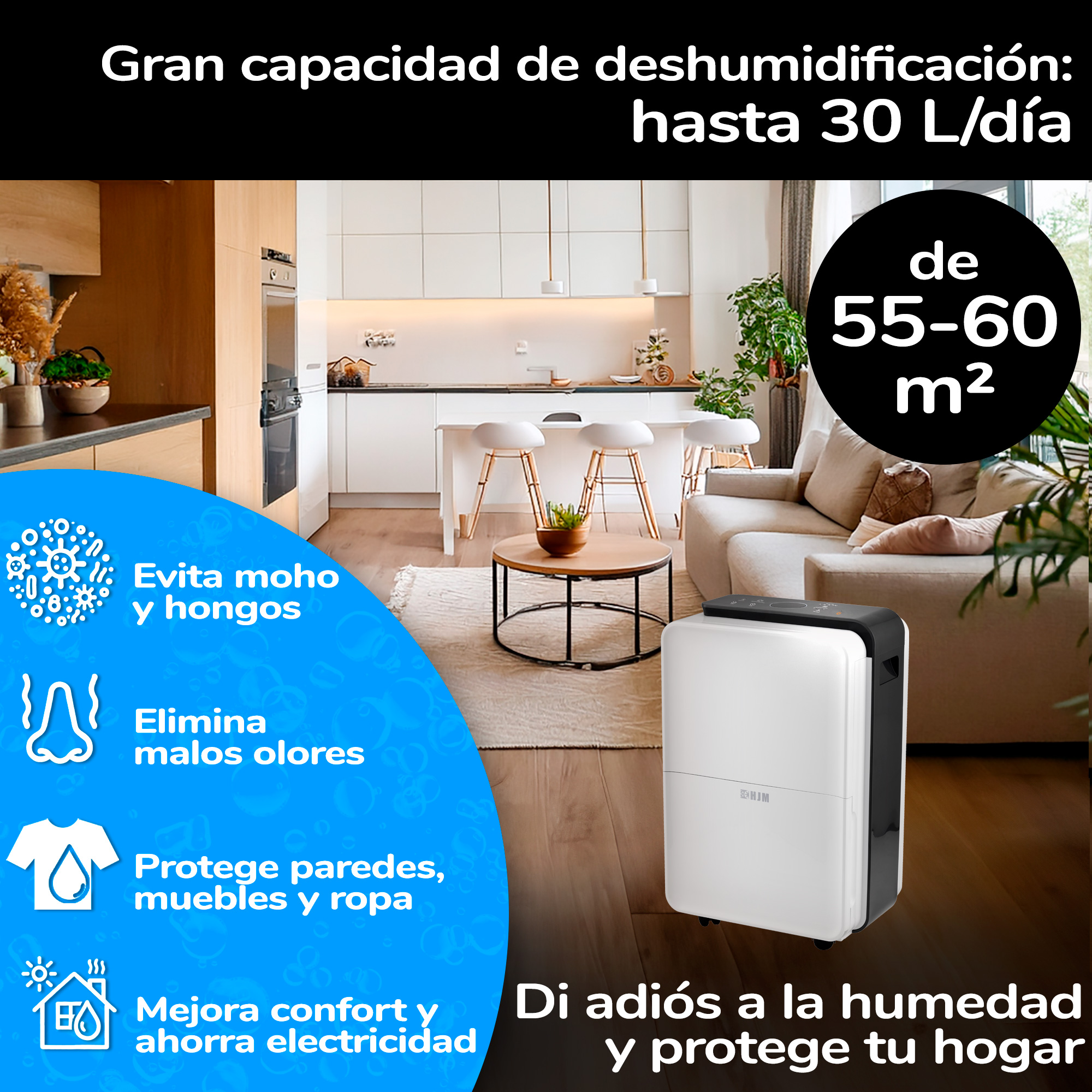 Deshumidificador blanco y negro. Texto describe beneficios: elimina olores, protege muebles, etc.