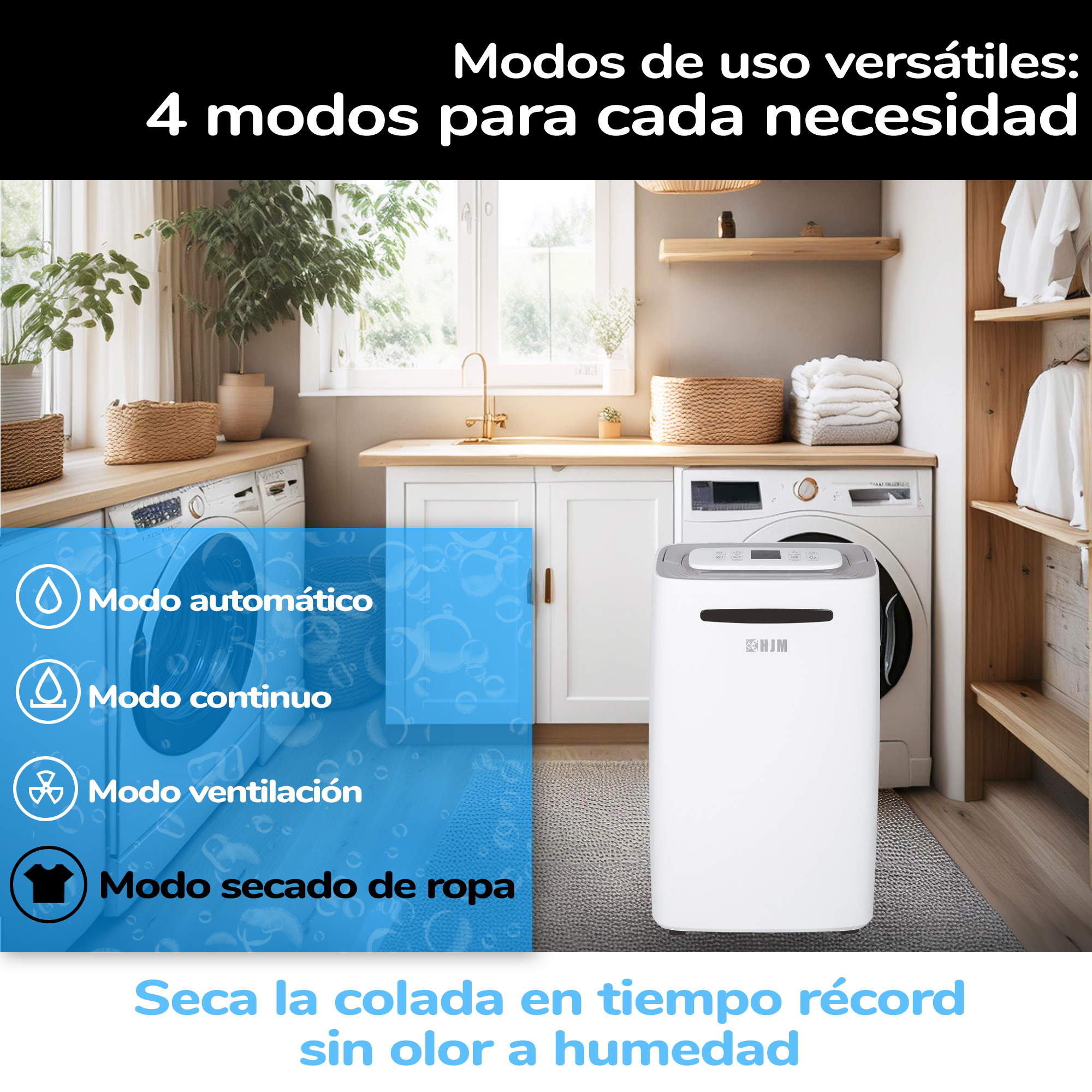 Una secadora blanca con texto sobre modos de secado. Entorno de lavandería con lavadoras.