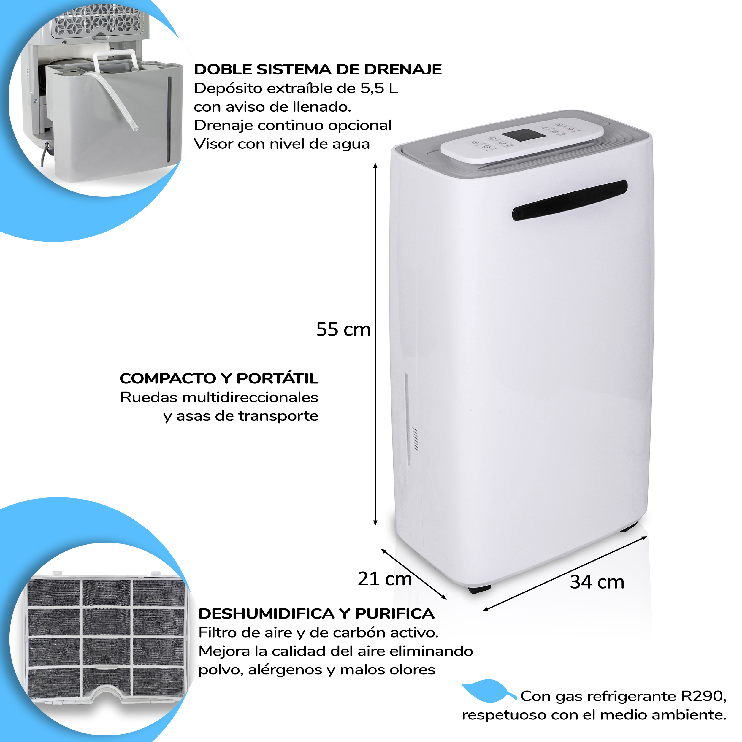 Deshumidificador blanco con panel de control, características etiquetadas y dimensiones sobre fondo blanco.