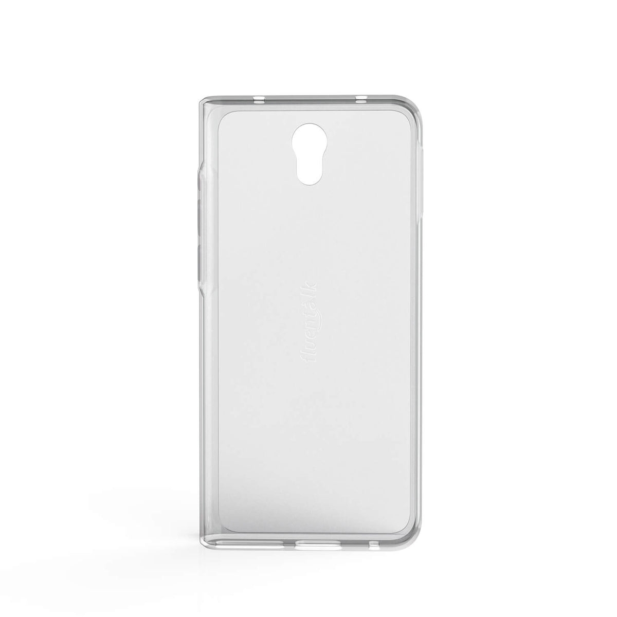 Funda transparente para teléfono. Tiene un recorte para la cámara y el flash. Fondo blanco.