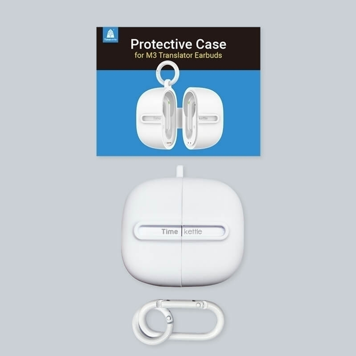 Funda protectora para auriculares M3 Translator, con estuche y mosquetón blanco pequeño.