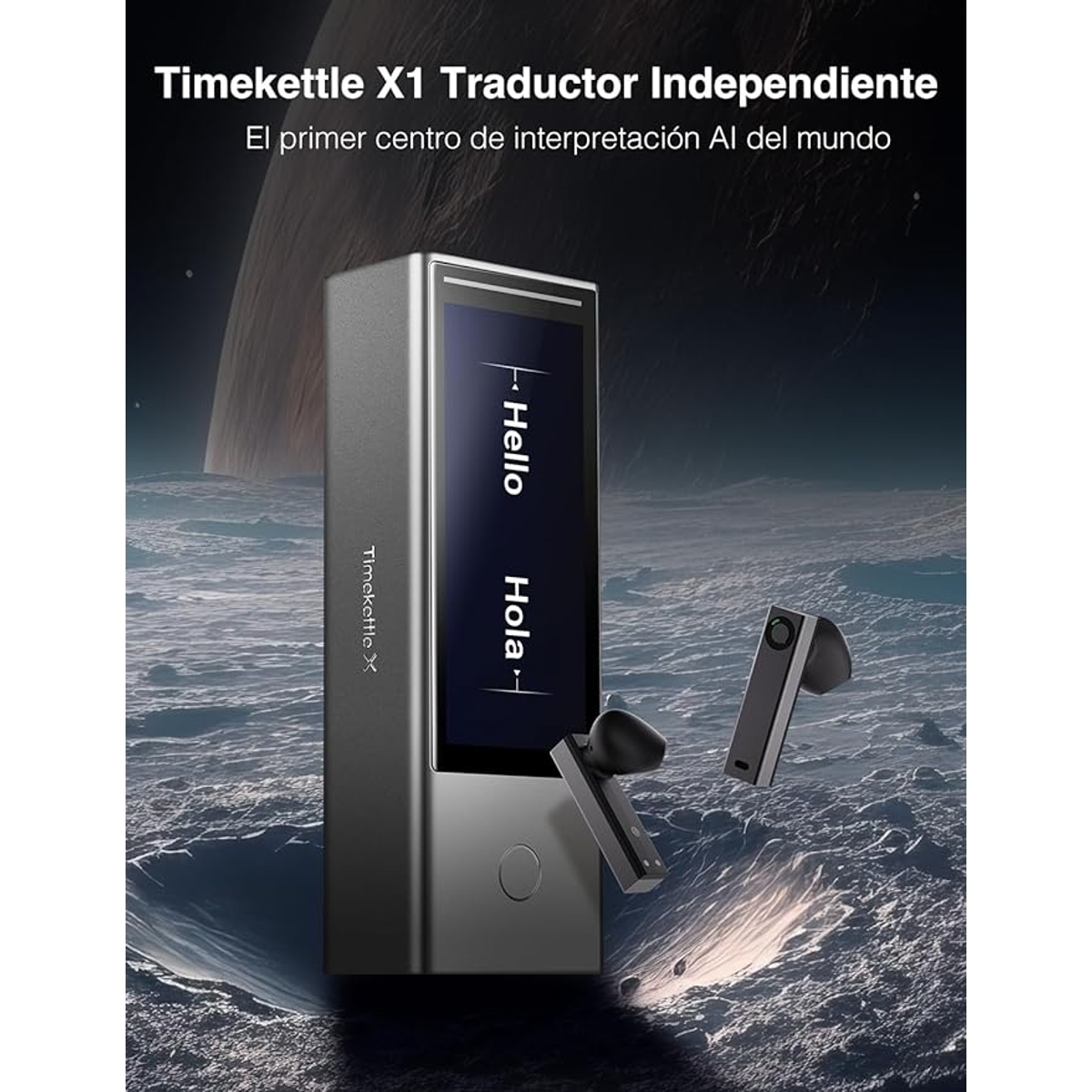 Traductor Timekettle X1. Dispositivo con auriculares y pantalla. Texto: Hello/Hola.