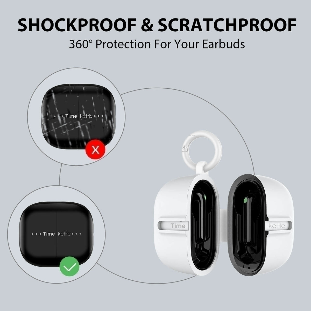 Comparación de estuches para auriculares. Estuche blanco con auriculares, estuche negro sin auriculares, estuche con X.