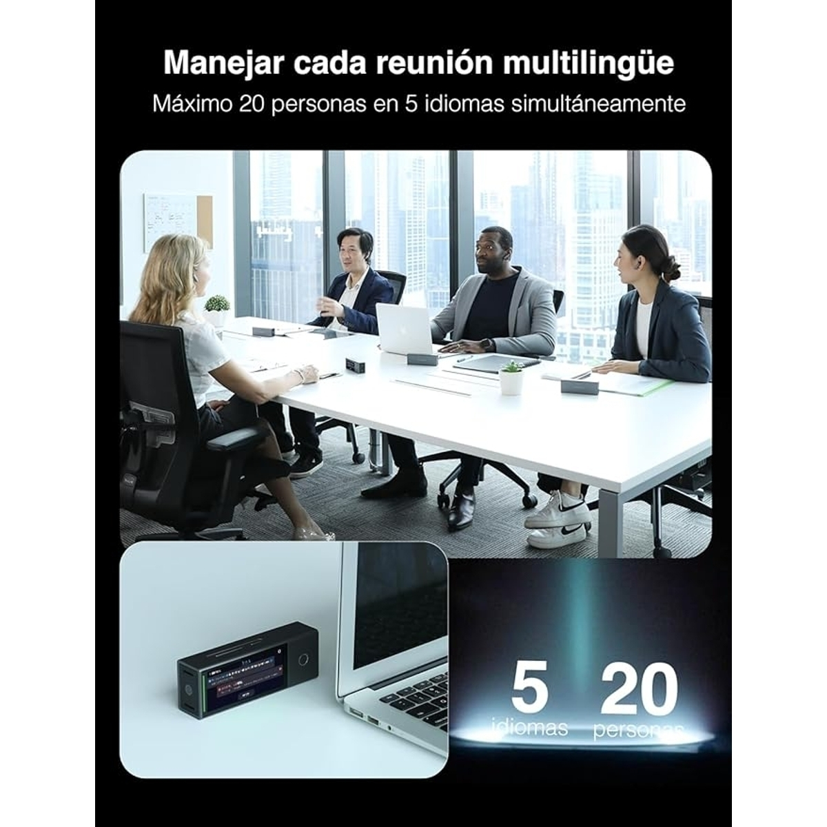 Personas en una reunión de negocios. Una laptop y un dispositivo para la traducción simultánea están sobre la mesa.