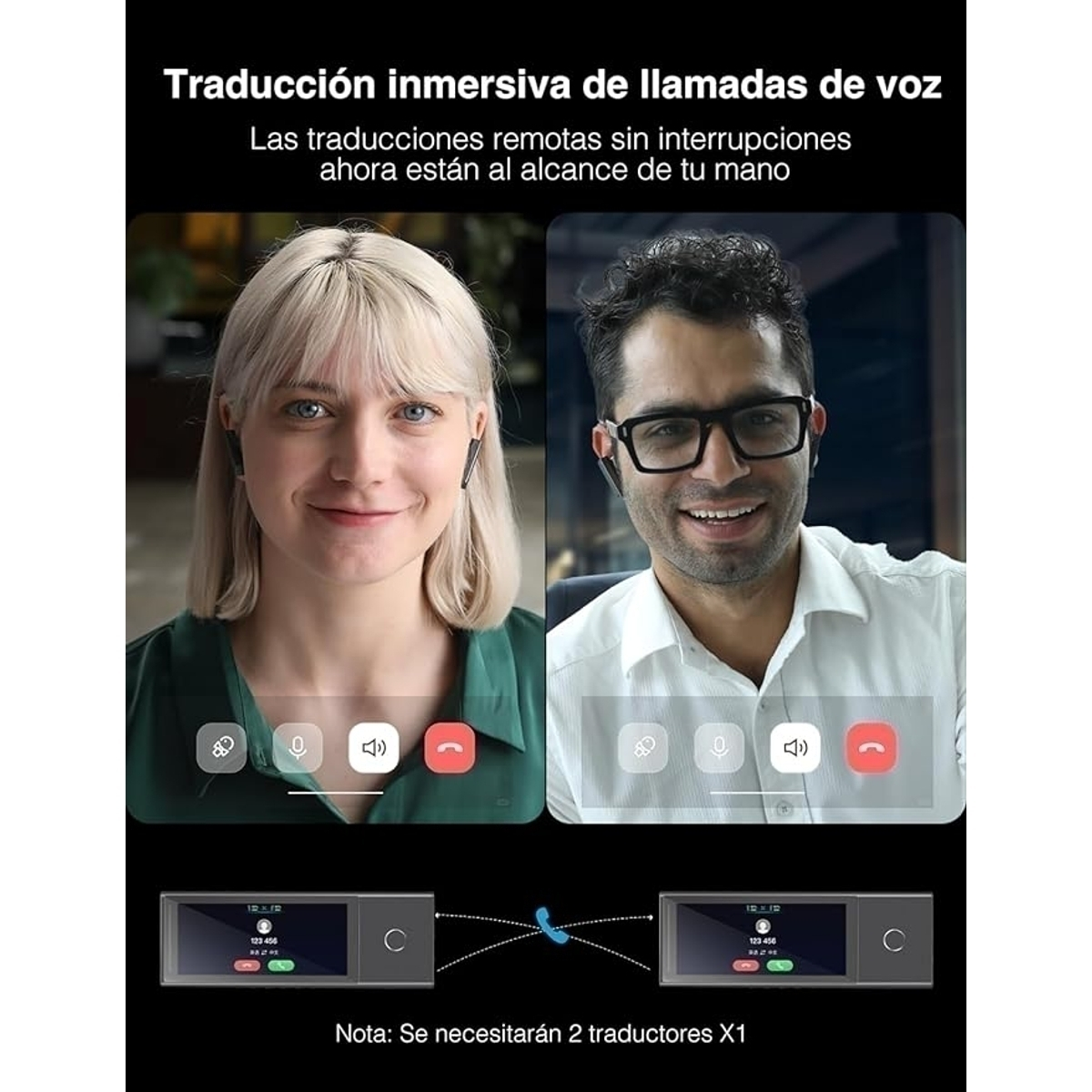 Dos personas con auriculares en videollamada. Texto dice traducción remota con dos traductores.
