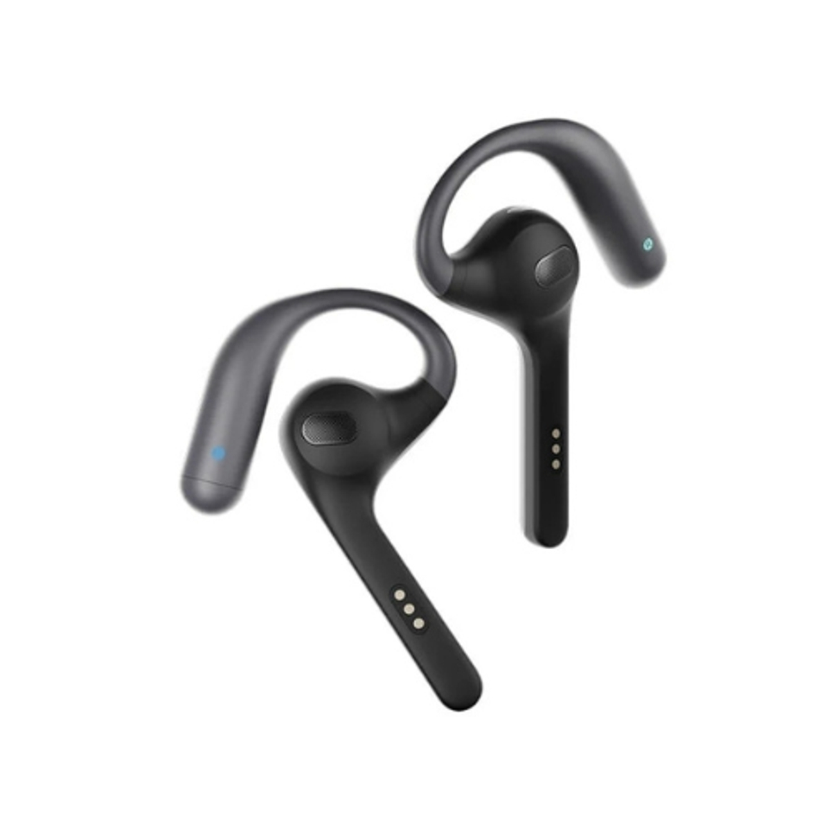 Dos auriculares inalámbricos negros con ganchos para la oreja. Fondo blanco.