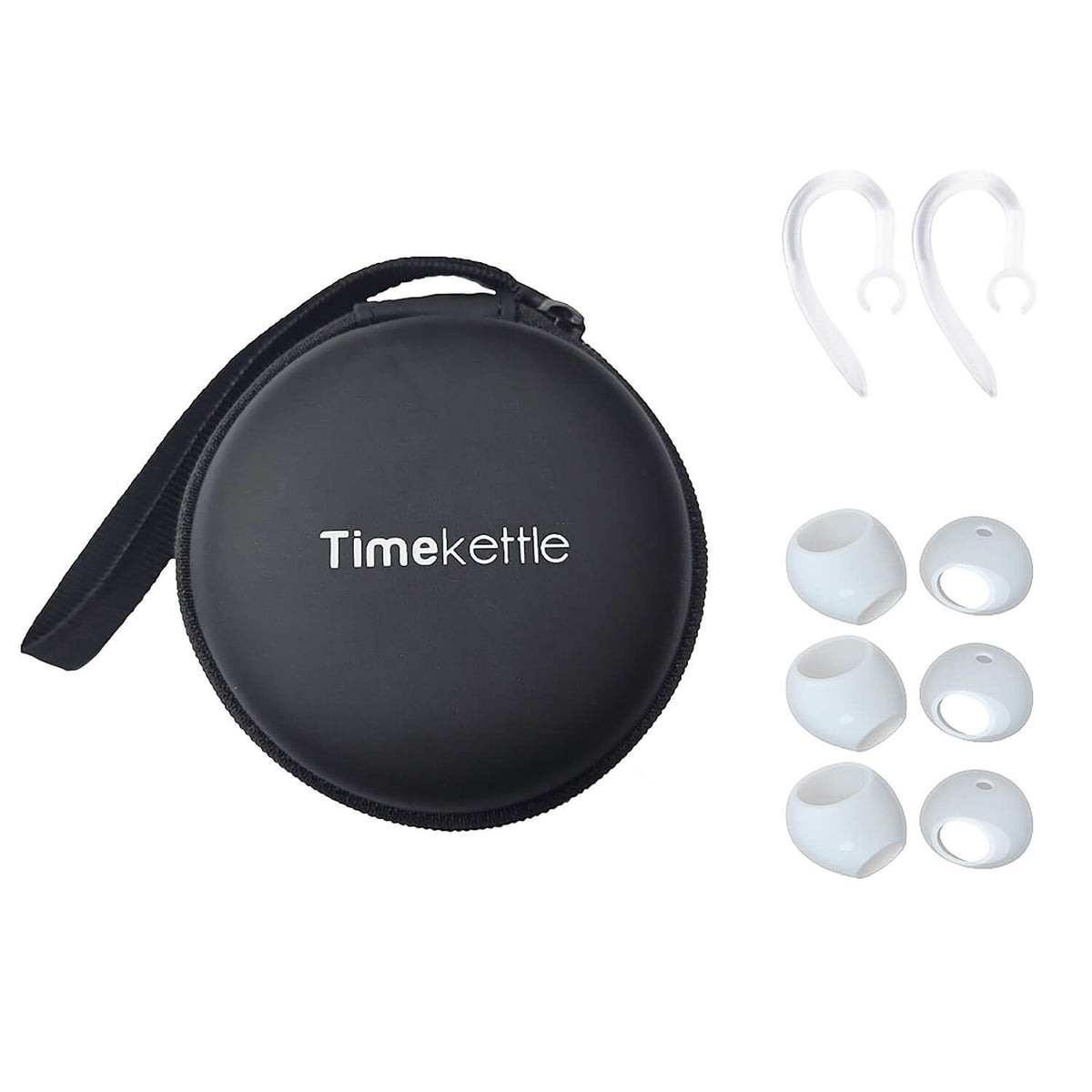 Estuche negro con logo Timekettle y puntas para oídos.