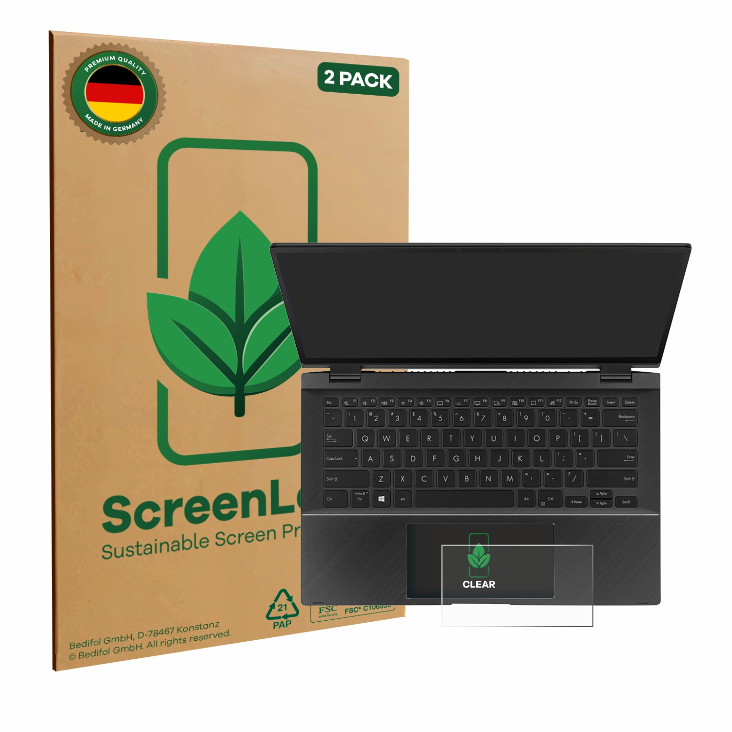 Laptop und Displayschutzfolienverpackung, Laptop mit Displayschutzfolie auf weißem Hintergrund.
