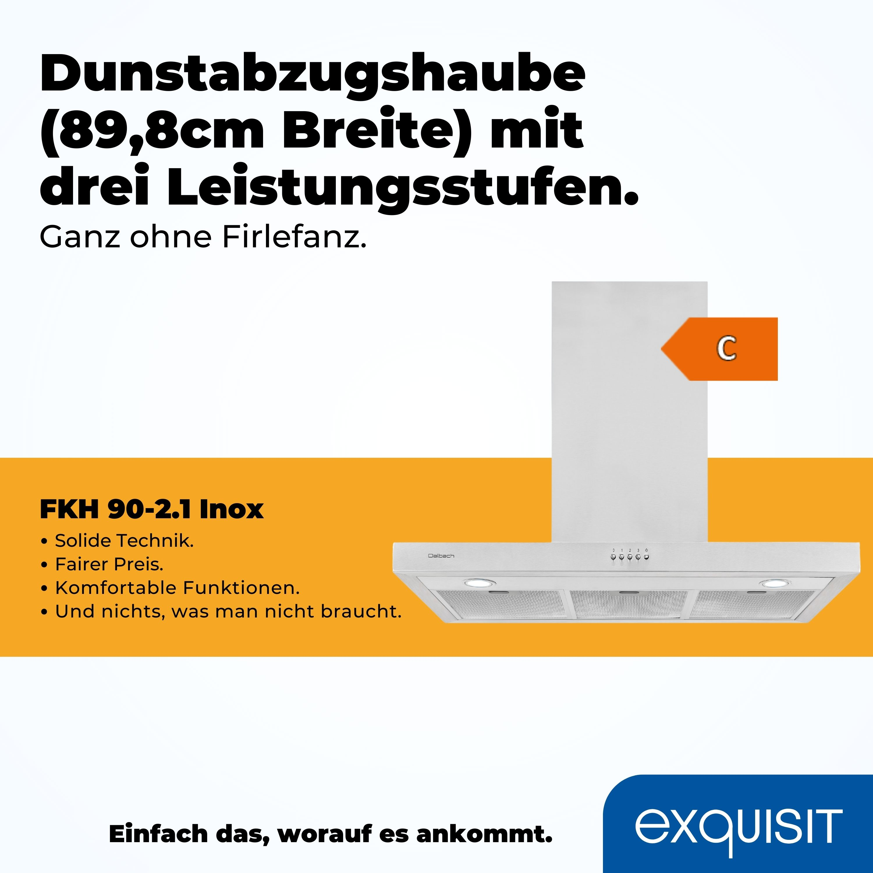 Eine weiße Dunstabzugshaube mit Text. Sie enthält einen weißen Körper und eine Metallfront.