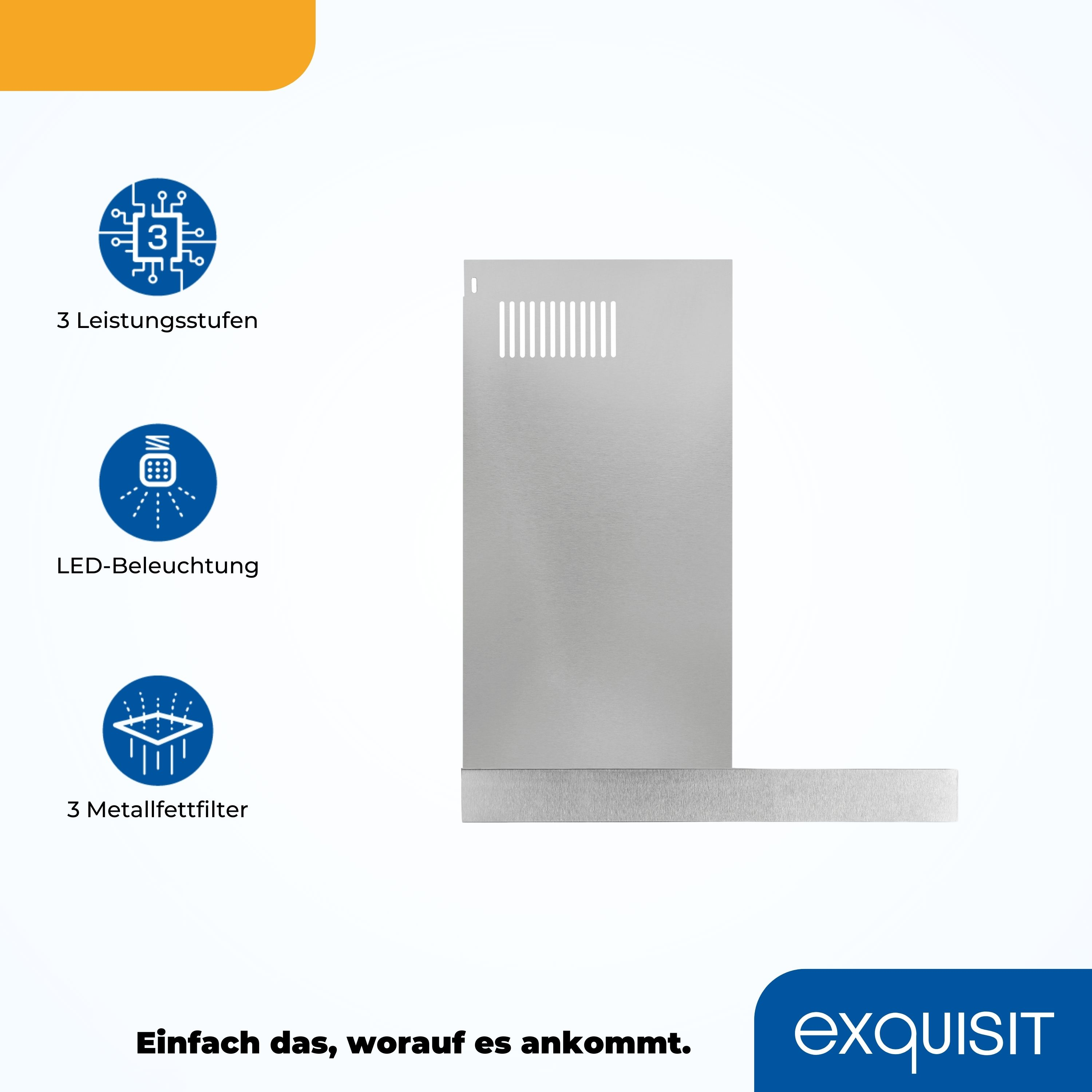 Eine Edelstahl-Dunstabzugshaube mit Symbolen für 3 Leistungsstufen, LED-Beleuchtung und 3 Metallfettfiltern.