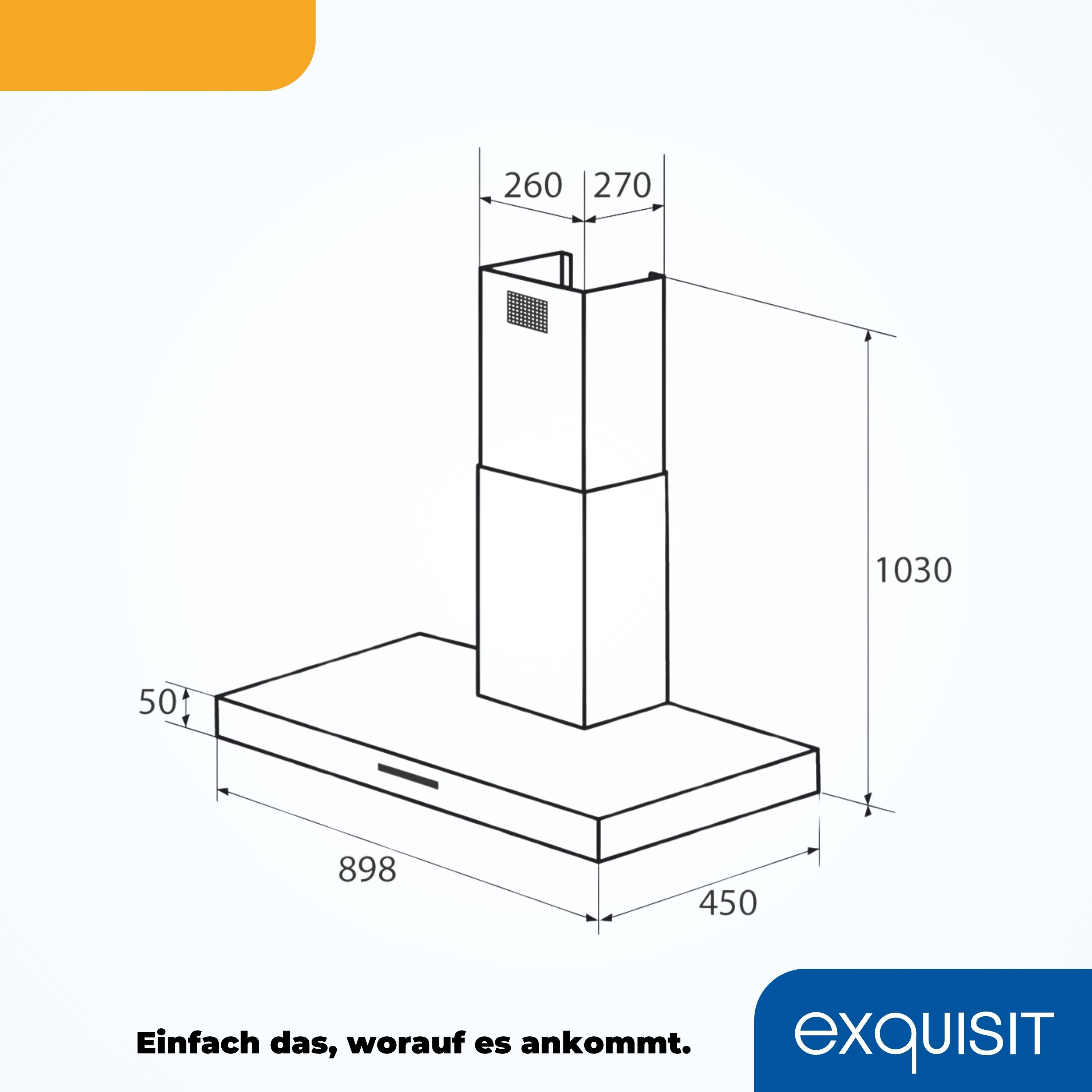 Eine technische Zeichnung einer Dunstabzugshaube mit Maßen und dem Exquisit-Logo auf weißem Hintergrund.