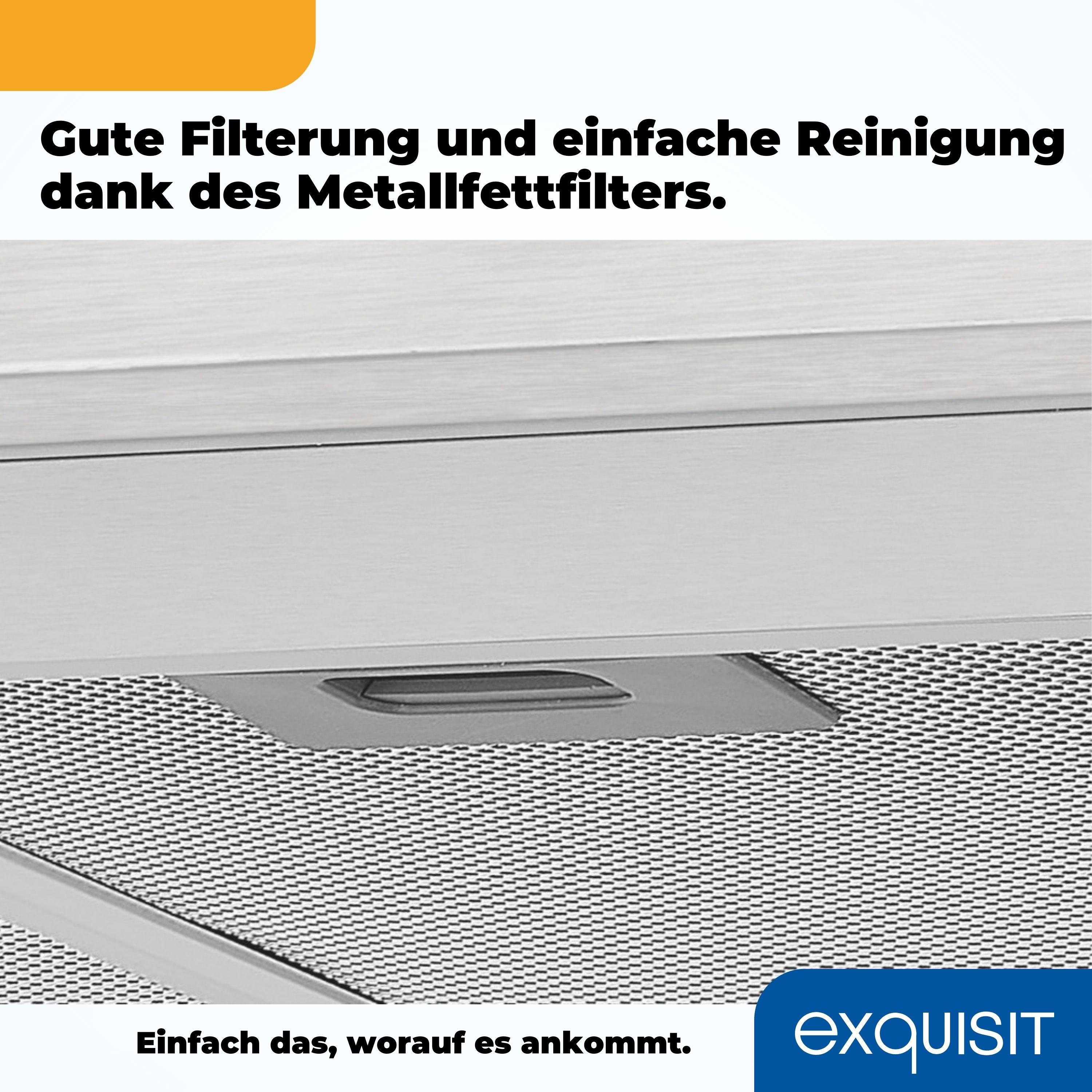 Metallfettfilter aus einer Dunstabzugshaube, mit einem kleinen Griff und einem schwarzen Netz-Hintergrund.