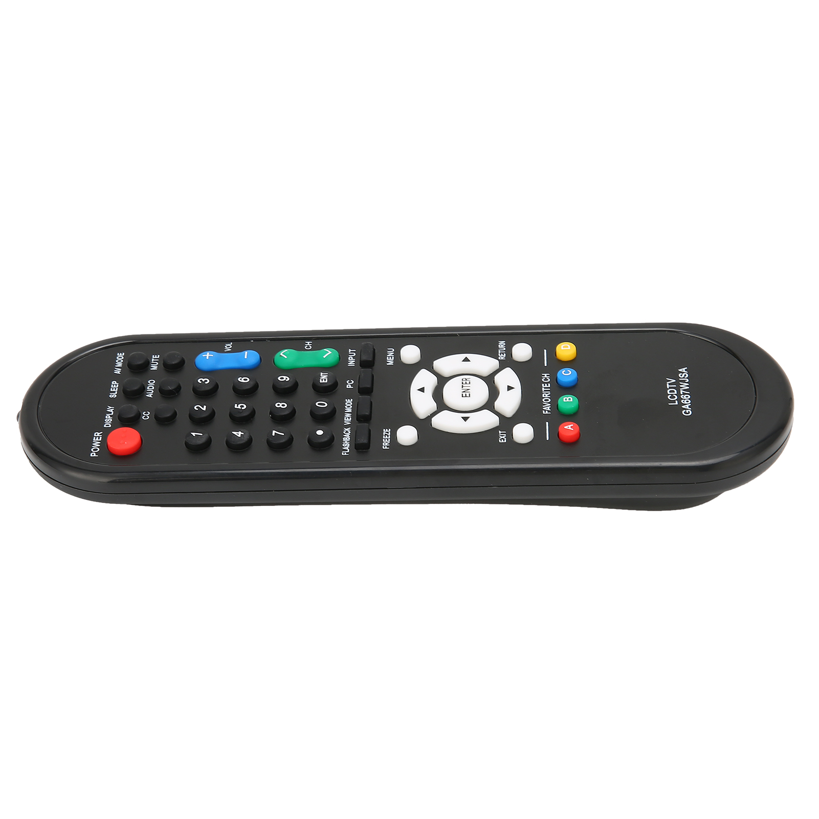 Schwarze TV-Fernbedienung mit mehreren Tasten für verschiedene Funktionen, weißer Hintergrund.