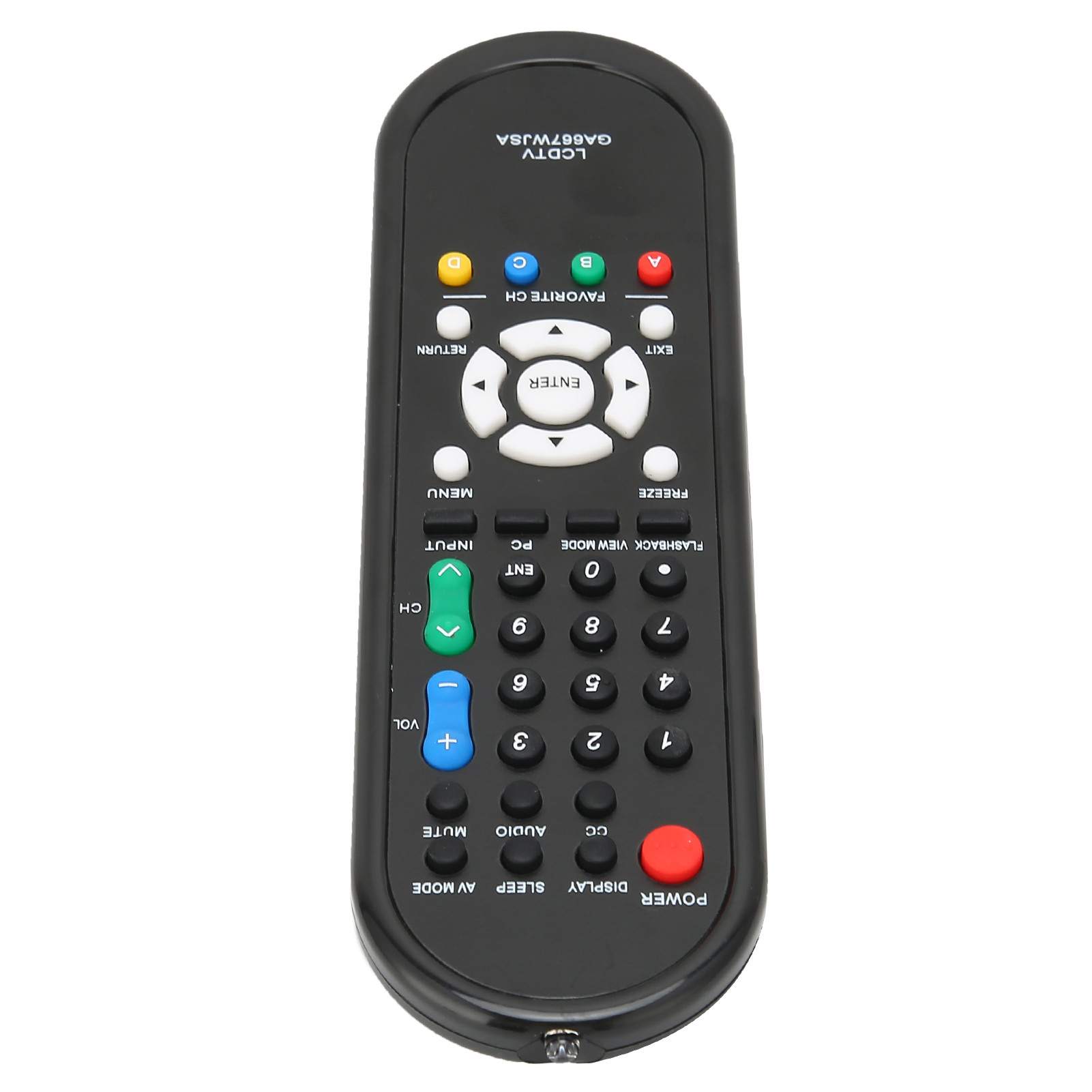 Schwarze TV-Fernbedienung mit mehreren Tasten. Es hat eine Vielzahl von Farben.