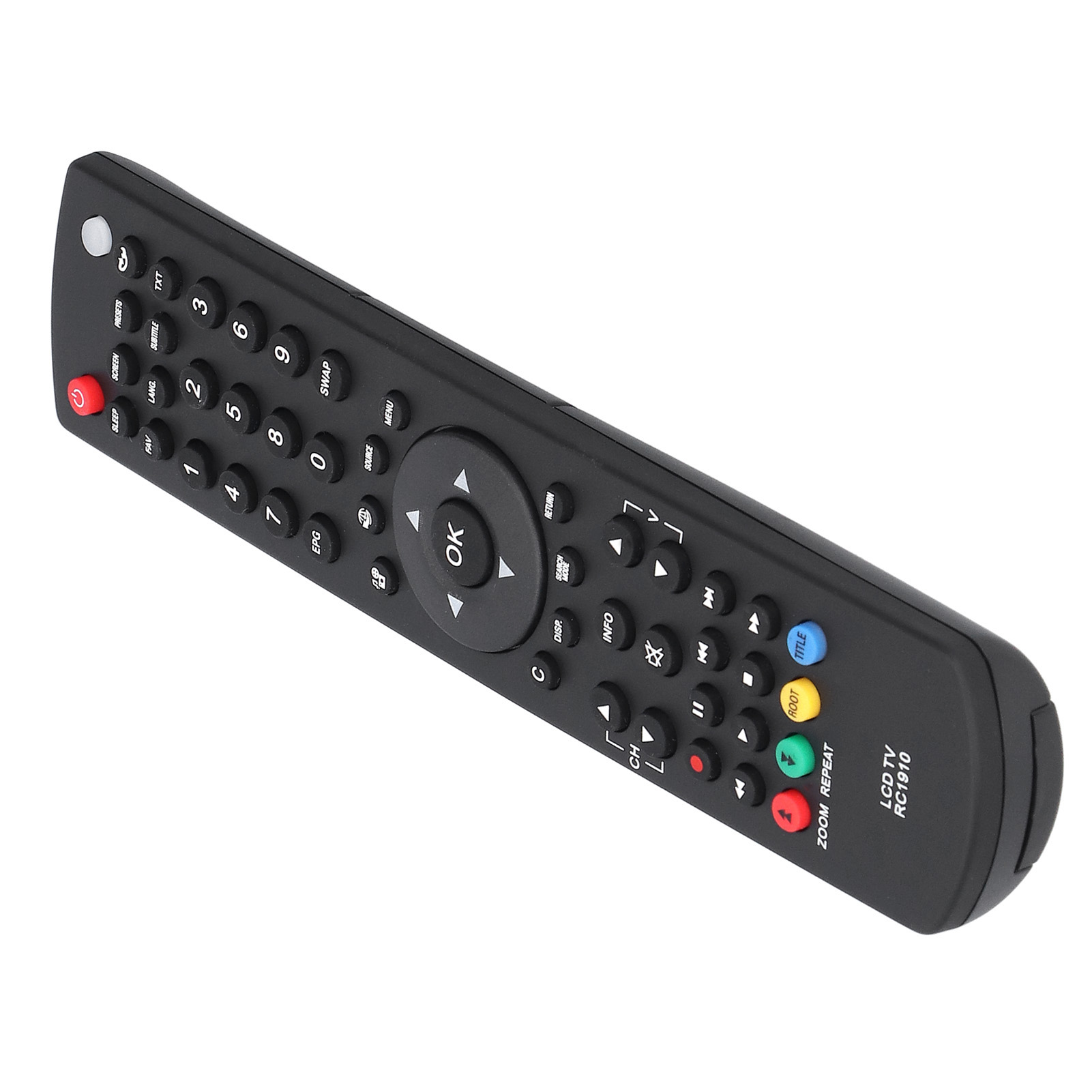 Schwarze TV-Fernbedienung mit vielen Knöpfen auf weißem Grund.