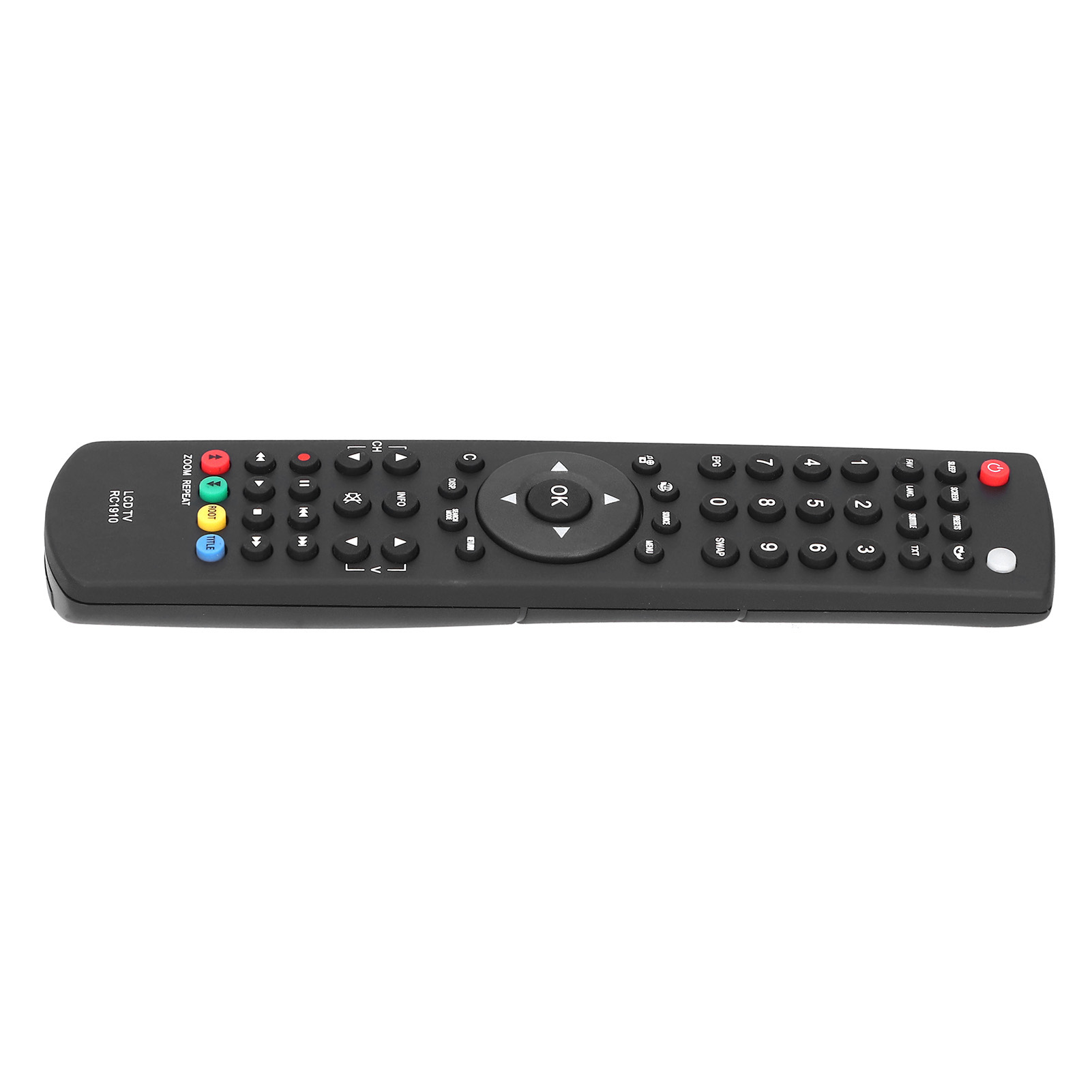 Eine schwarze TV-Fernbedienung mit verschiedenen Tasten wird vor weißem Hintergrund gezeigt.