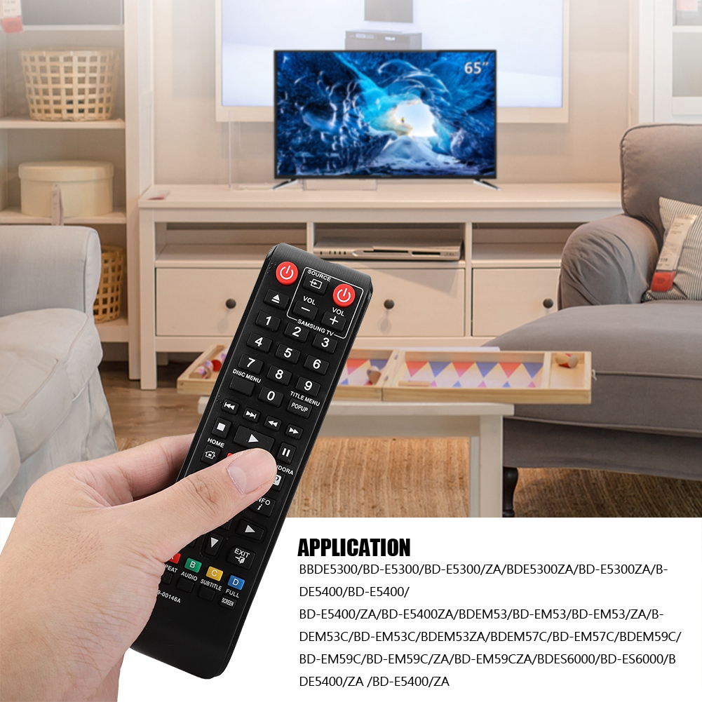 Hand hält Fernbedienung. TV und Möbel im Hintergrund, Text: 'Anwendung'.