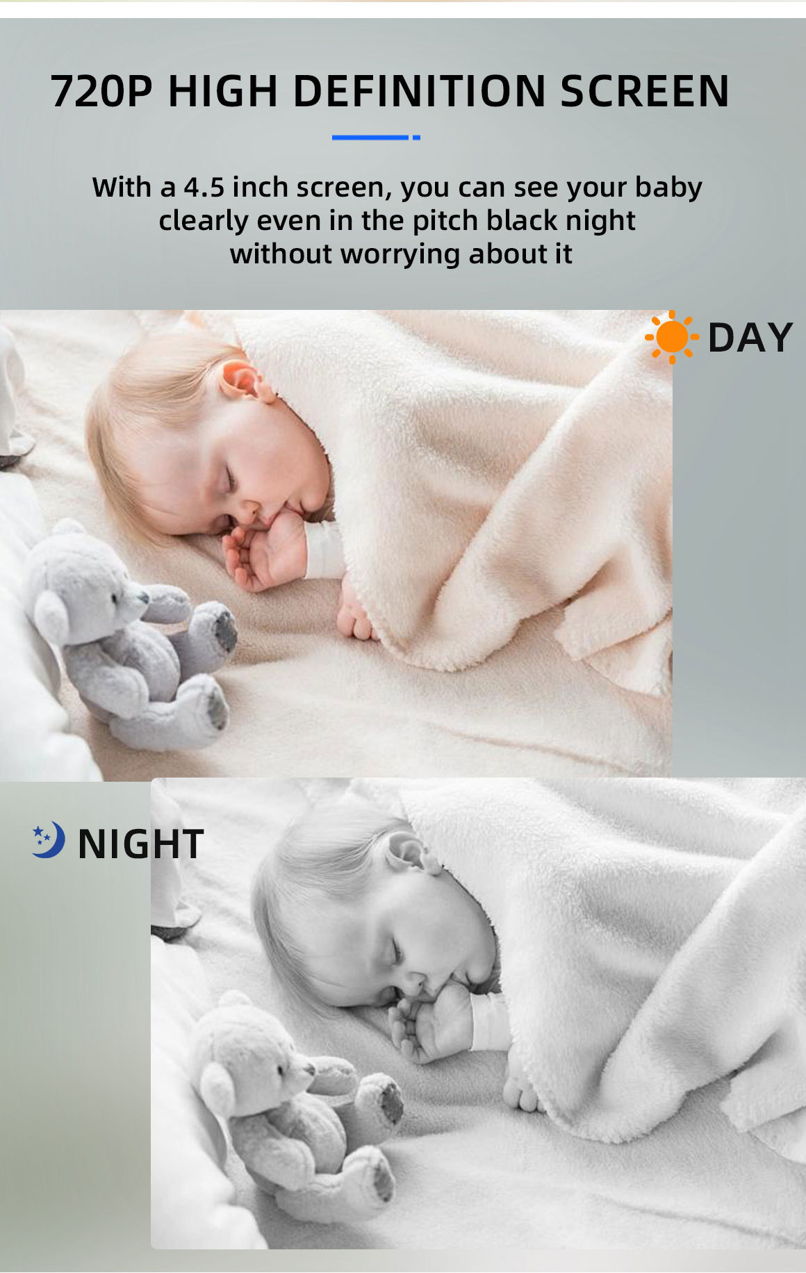 Dwa obrazy przedstawiające śpiące dziecko. Jeden w świetle dziennym, a drugi w nocy, z misiem.