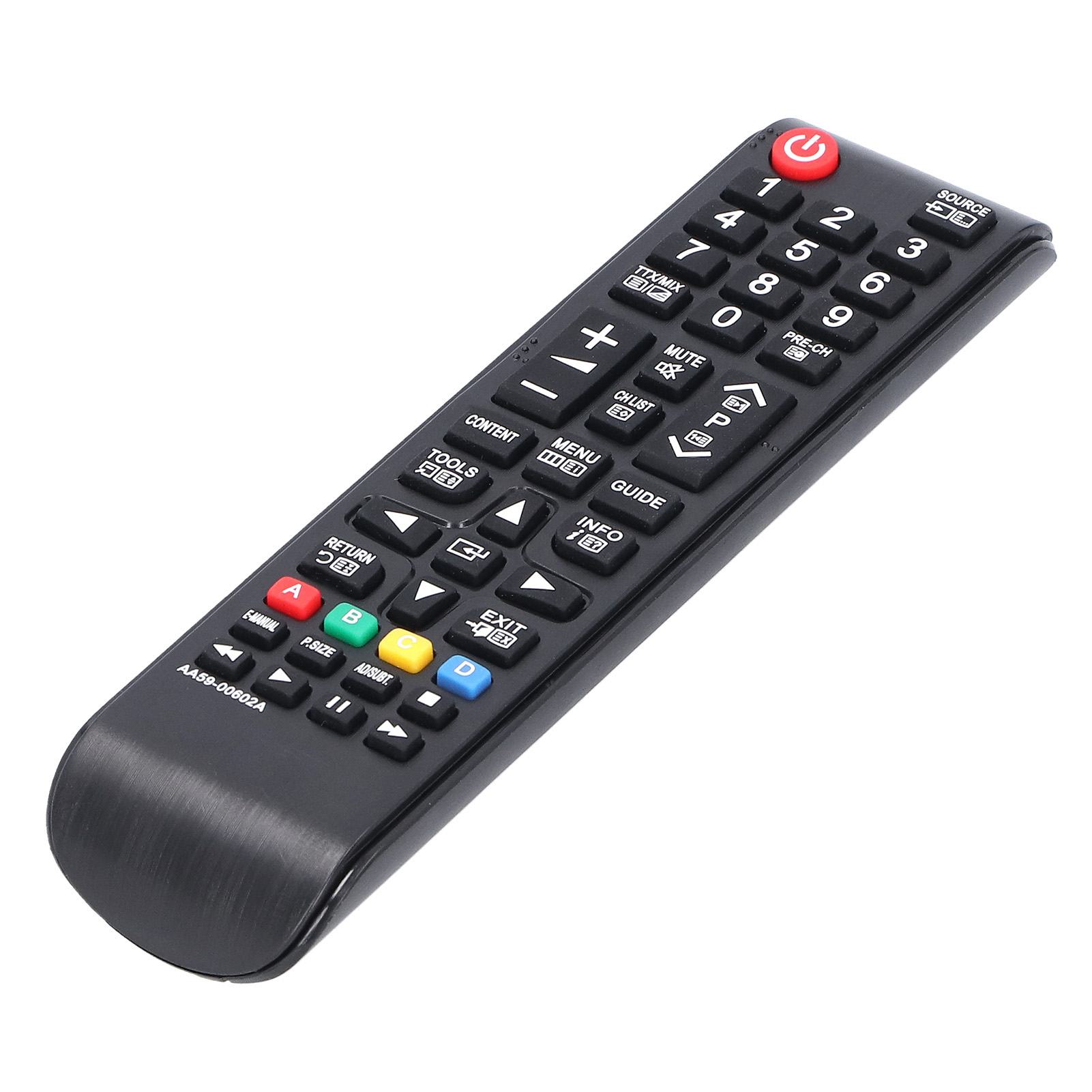 Eine schwarze TV-Fernbedienung mit mehreren Tasten, einschließlich einer roten Ein-/Aus-Taste oben.