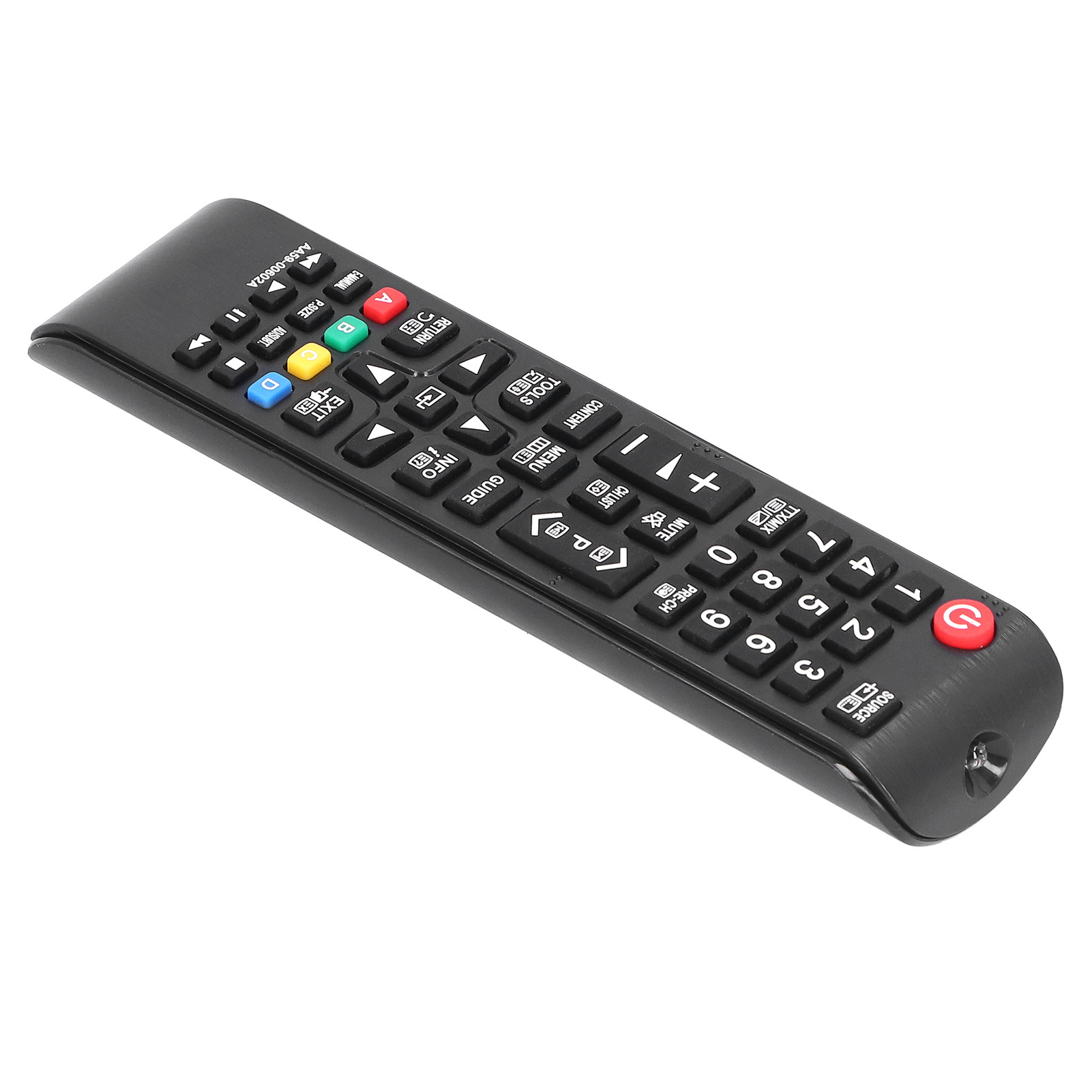 Eine schwarze TV-Fernbedienung mit farbigen Knöpfen und Zahlen wird auf weißem Hintergrund gezeigt.