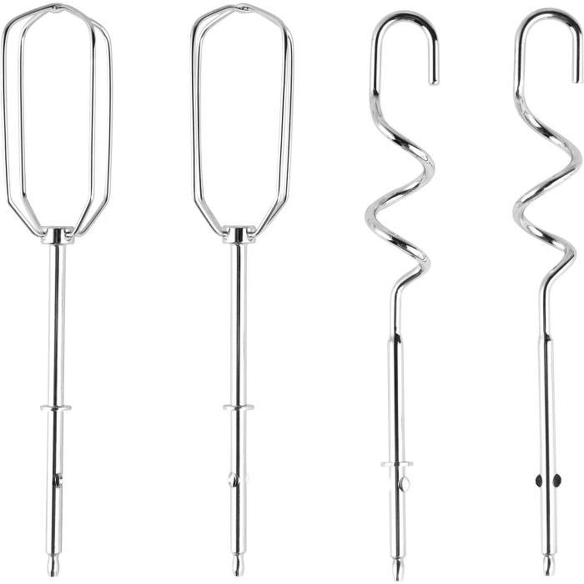 Cztery nasadki do miksowania do miksera ręcznego. Dwie to trzepaczki druciane, a dwie to haki do ciasta spiralne.