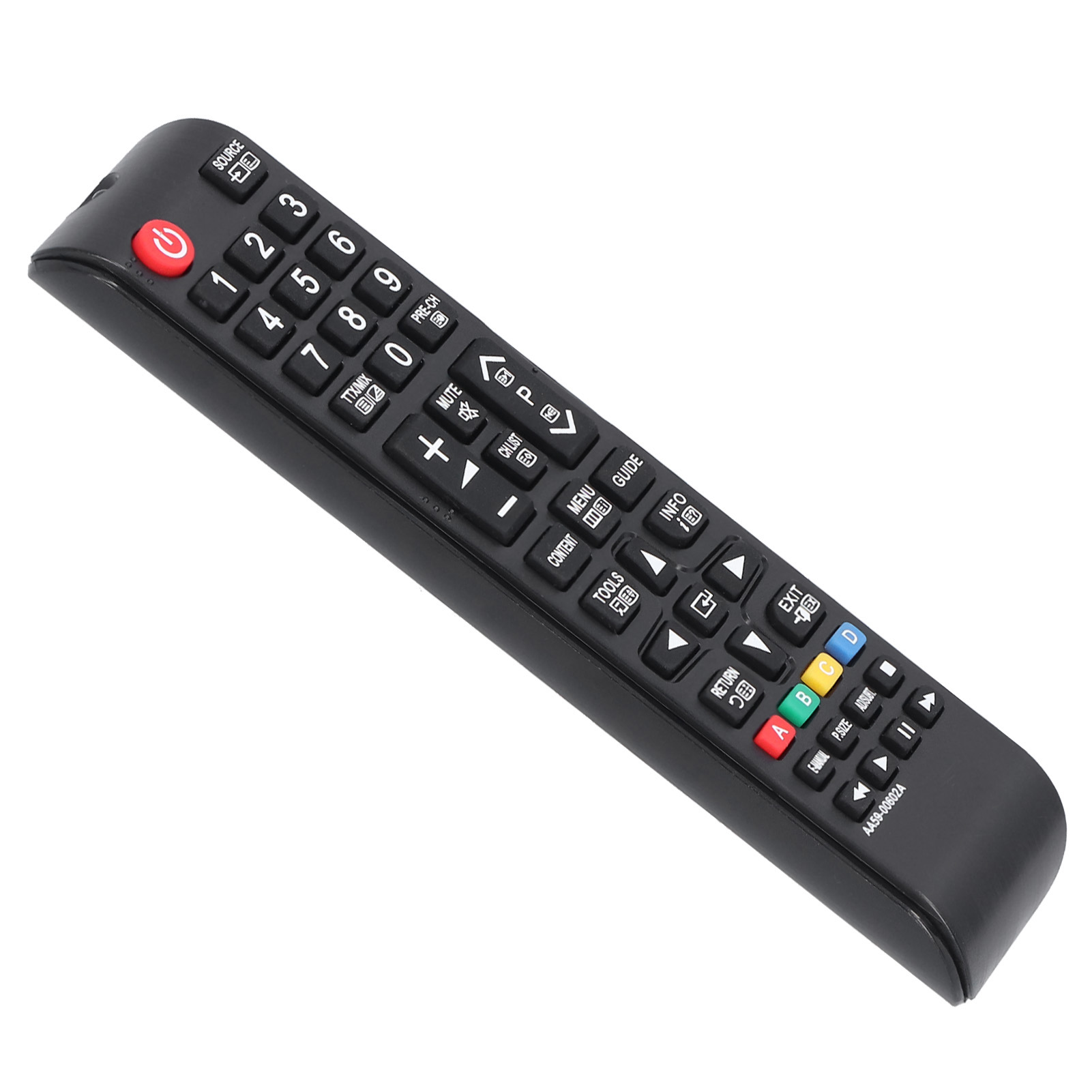 Eine schwarze Samsung TV-Fernbedienung mit vielen Tasten, einschließlich Zahlen, Kanal, Lautstärke und Ein/Aus.