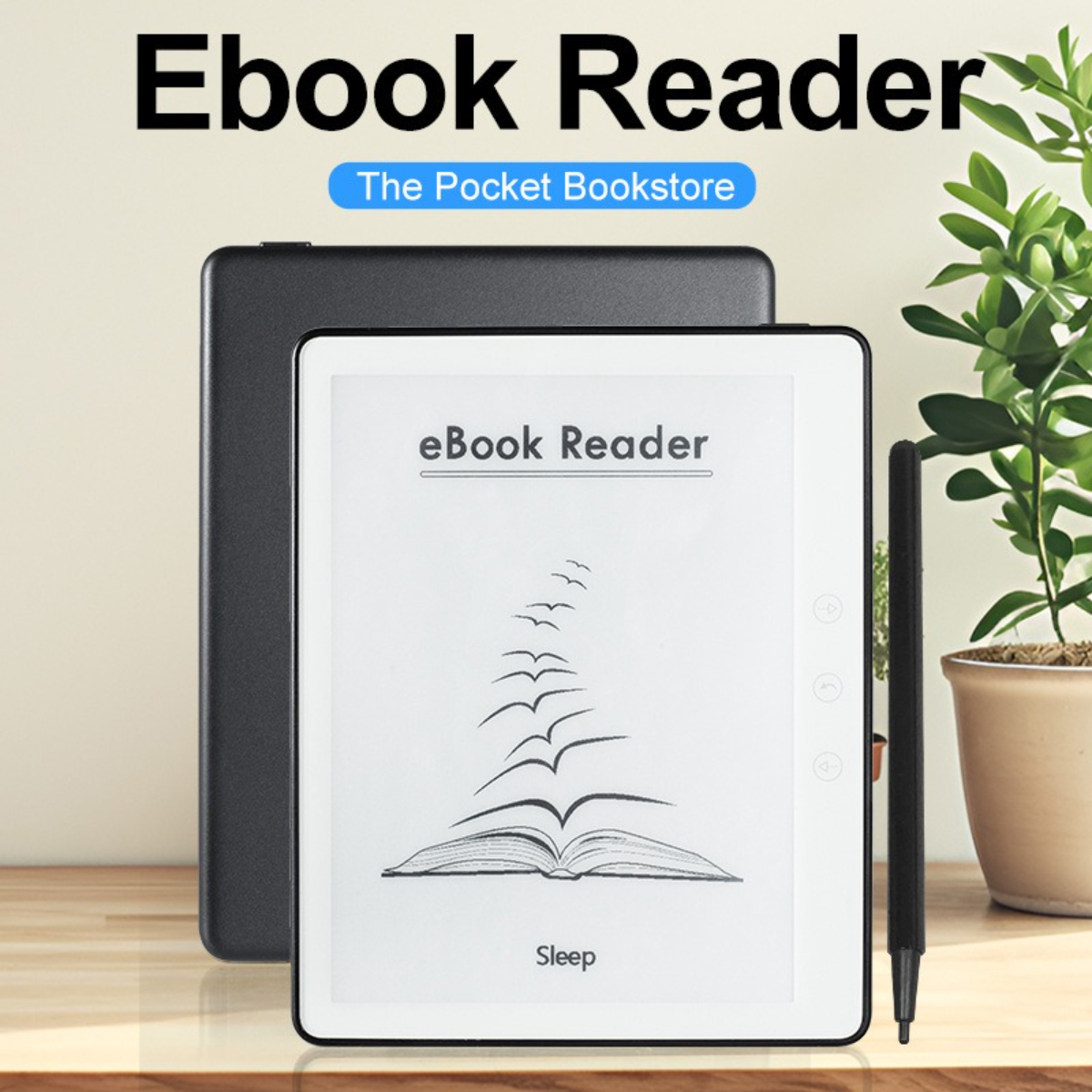 E-Book-Reader mit schwarzem Cover und Stift, vor weißem Hintergrund platziert.