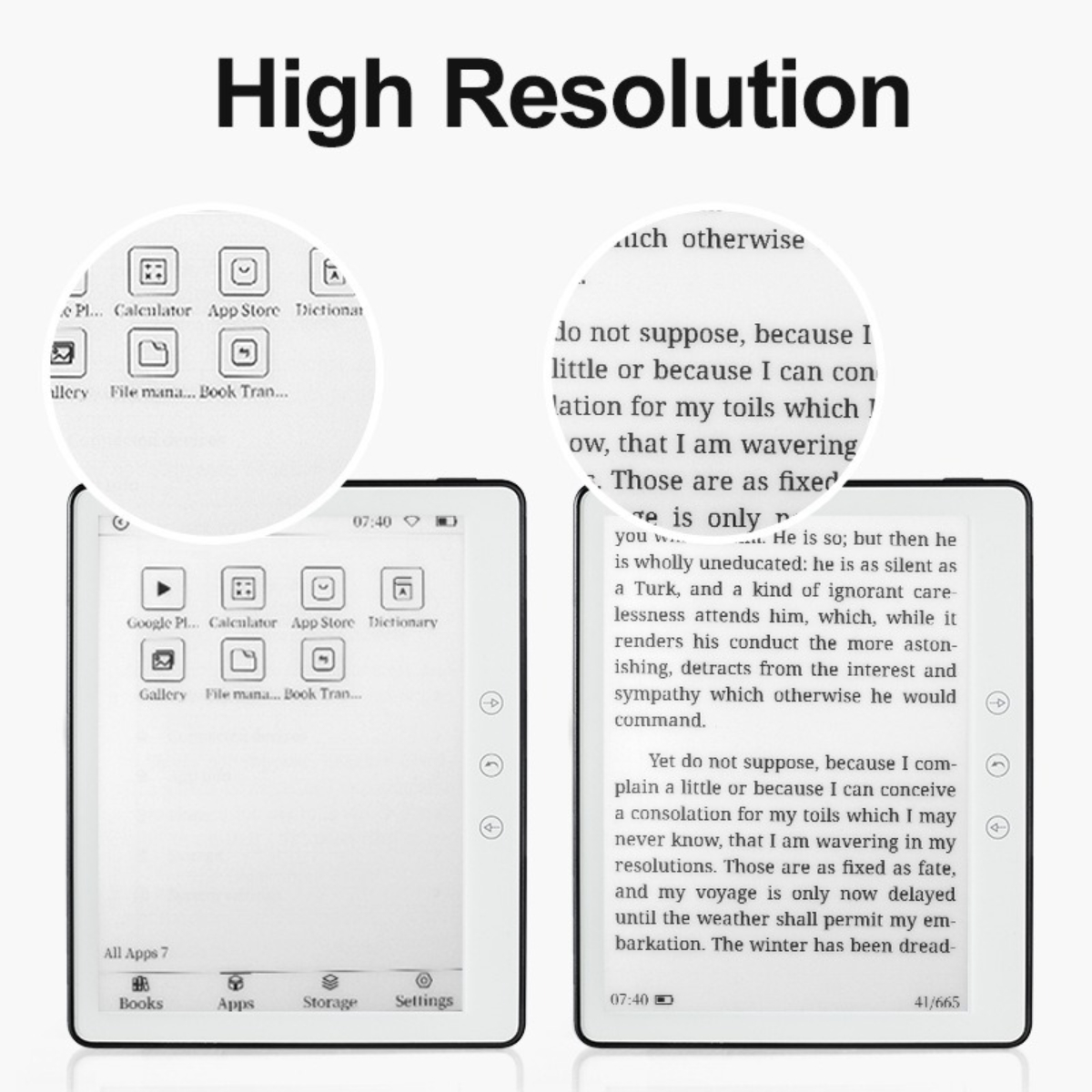 Zwei E-Reader, die Apps und Buchseiten mit Text zeigen, oben mit 'High Resolution' beschriftet.