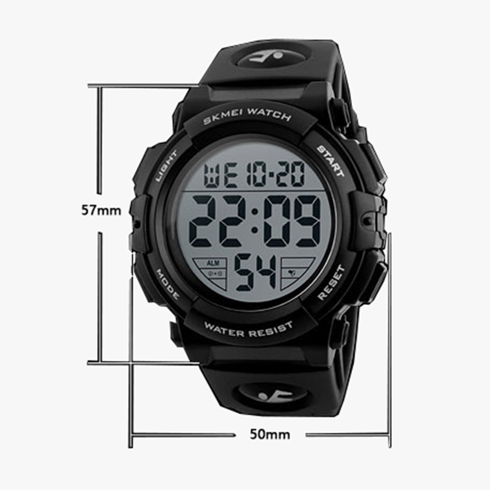 Eine schwarze Digitaluhr, die die Zeit anzeigt, mit Messungen und Beschriftungen.