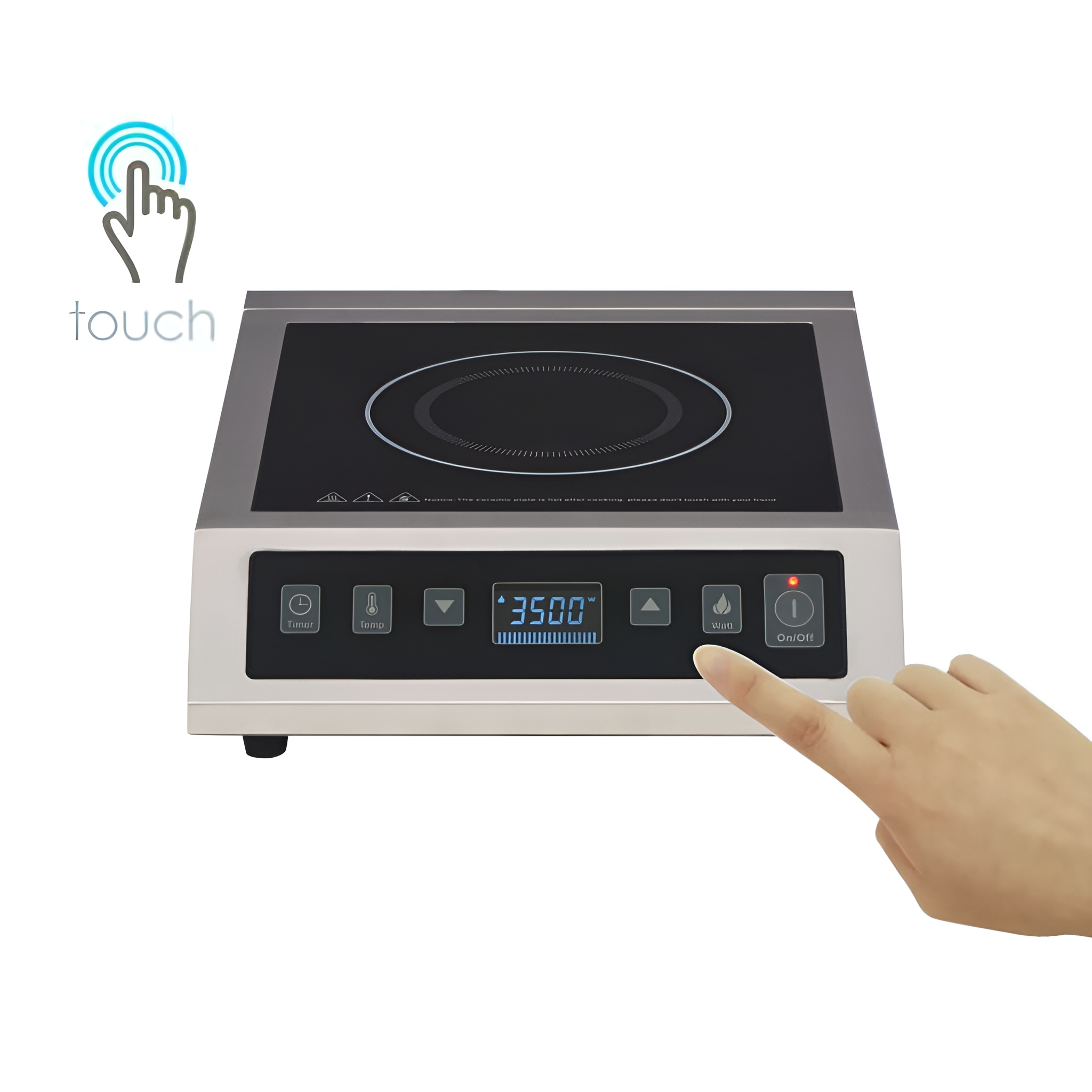 Silbernes und schwarzes Induktionskochfeld mit Touch-Bedienelementen, Hand drückt an.