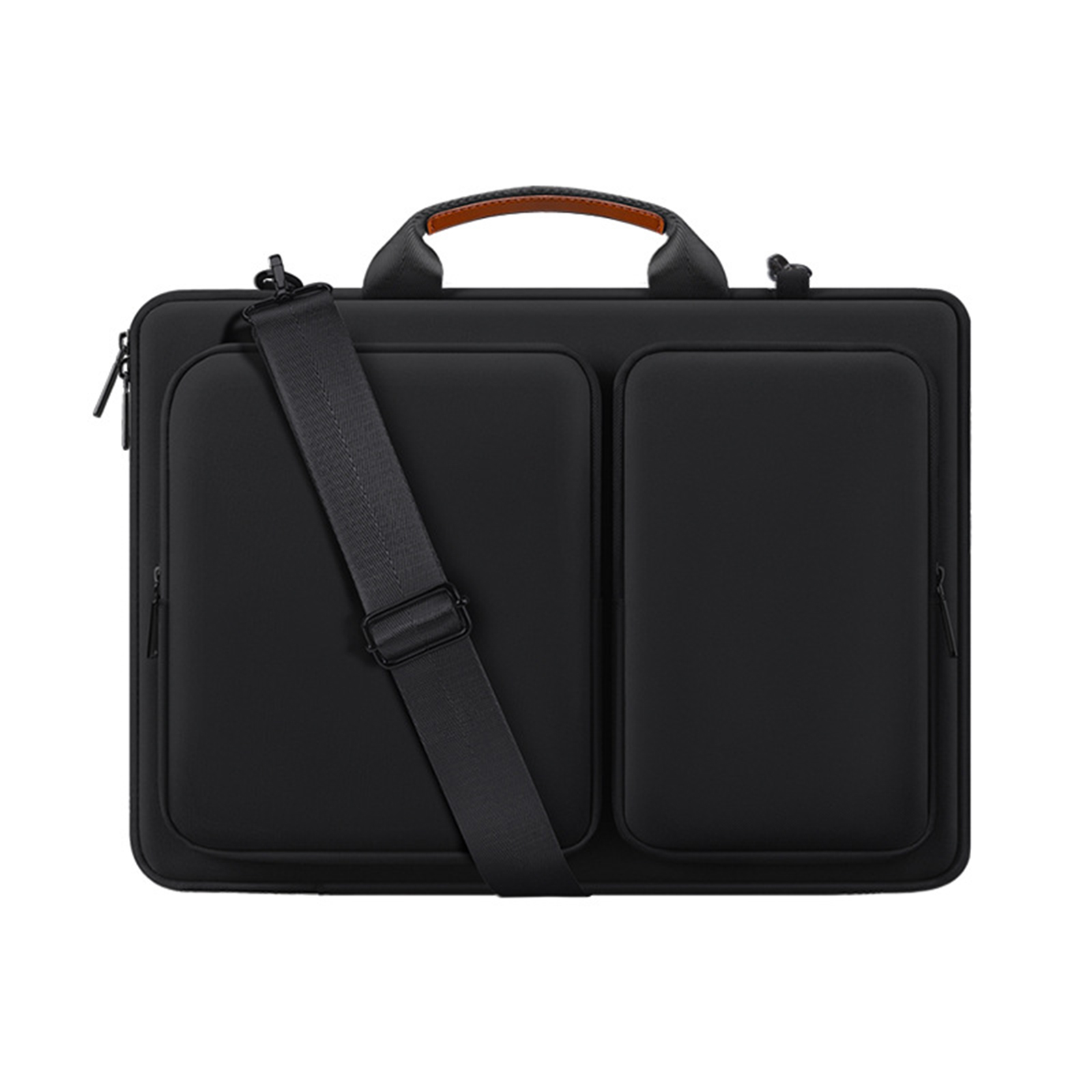 Schwarze Laptoptasche mit Schulterriemen und mehreren Taschen. Brauner Griff oben.