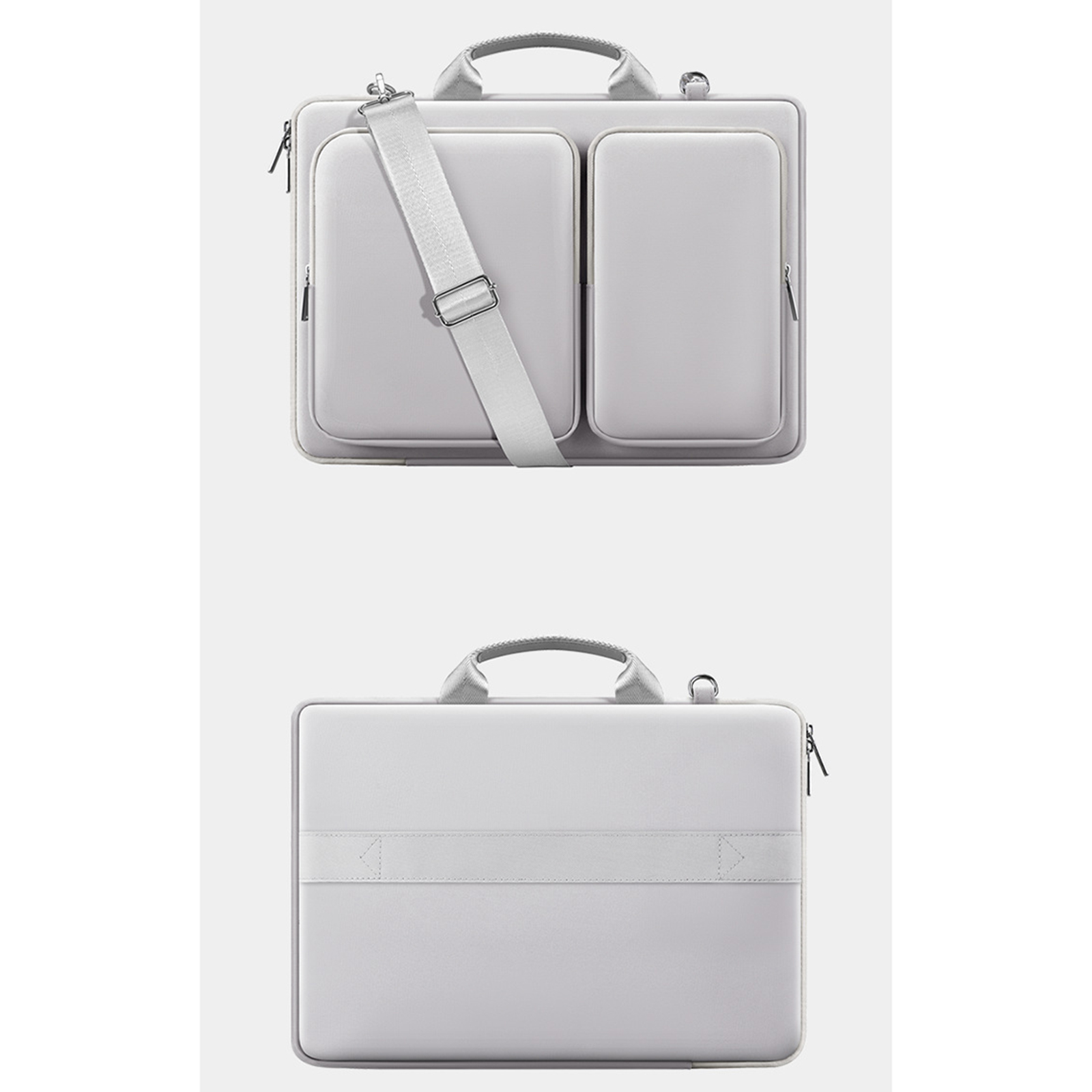 Zwei Ansichten einer hellgrauen Laptoptasche mit Schultergurt, vor weißem Hintergrund.