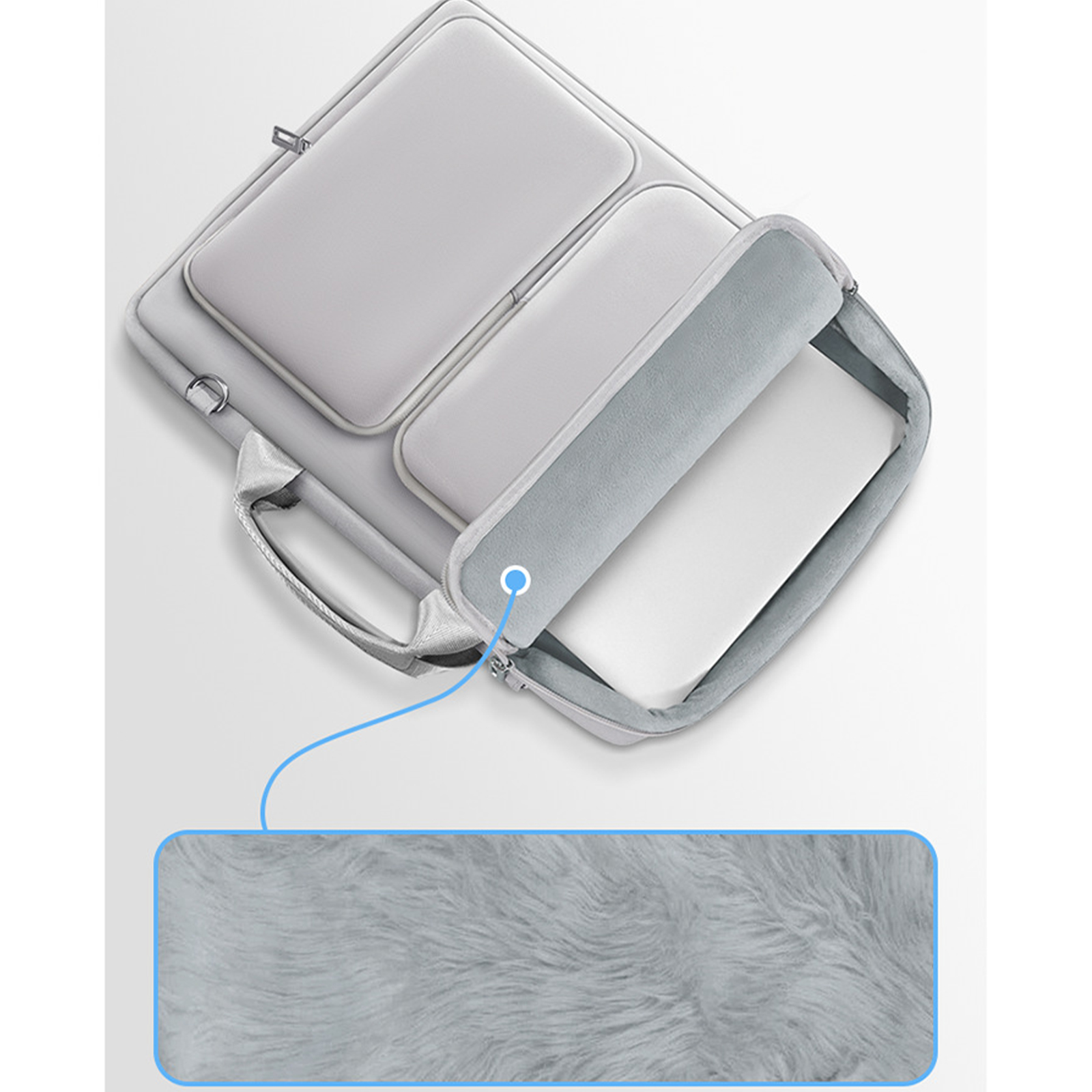 Eine graue Laptoptasche mit einem Laptop darin wird gezeigt. Nahaufnahme zeigt das Plüschinnere. Ein blauer Strich zeigt auf das Fell.